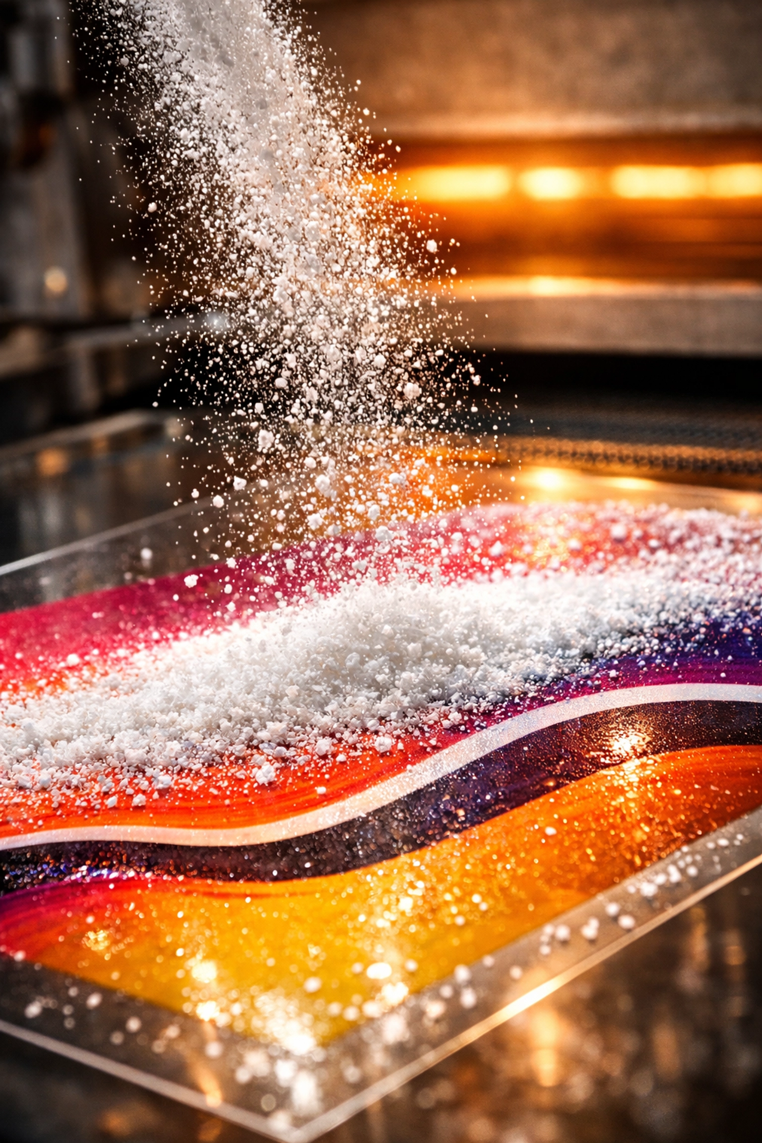 Applying adhesive powder to a custom shirt design during the DTF printing process.