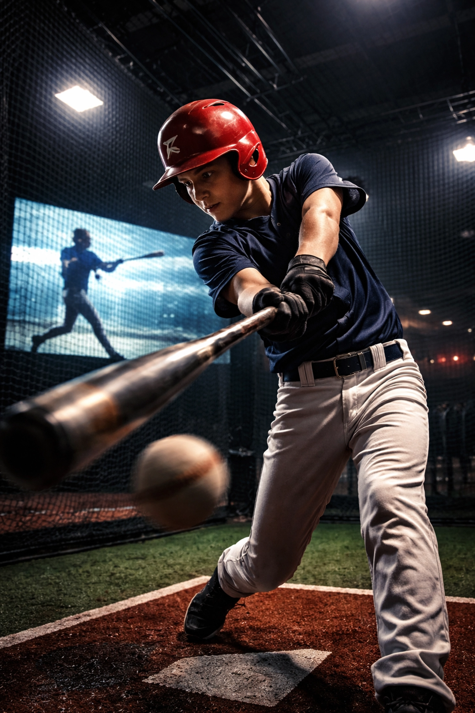 Teenage baseball player mid-swing in Orlando batting cage, using video analysis to improve skills at sports academy florida