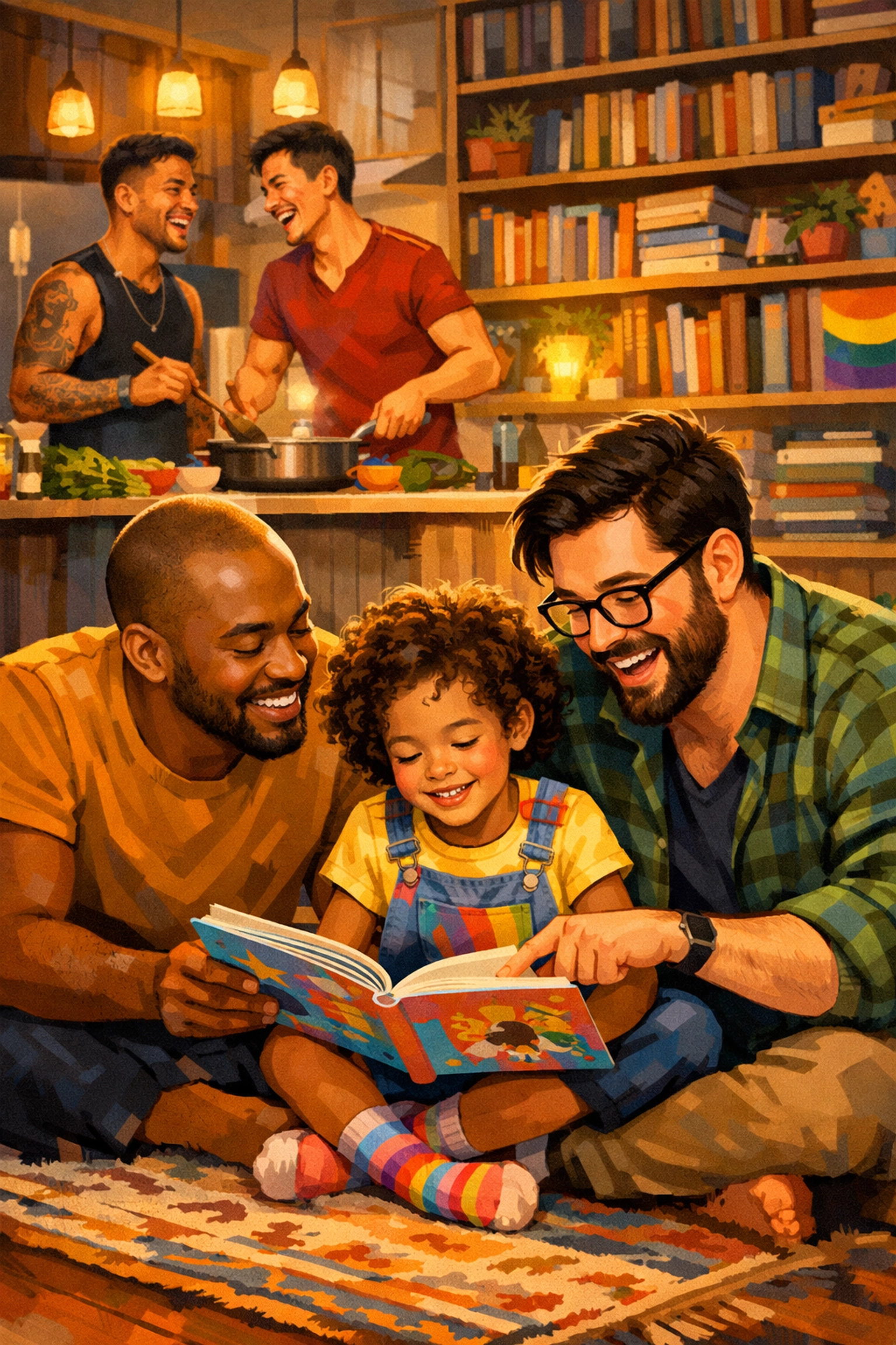 Diverse queer found family sharing a meal and reading together, celebrating LGBTQ+ stories and community.