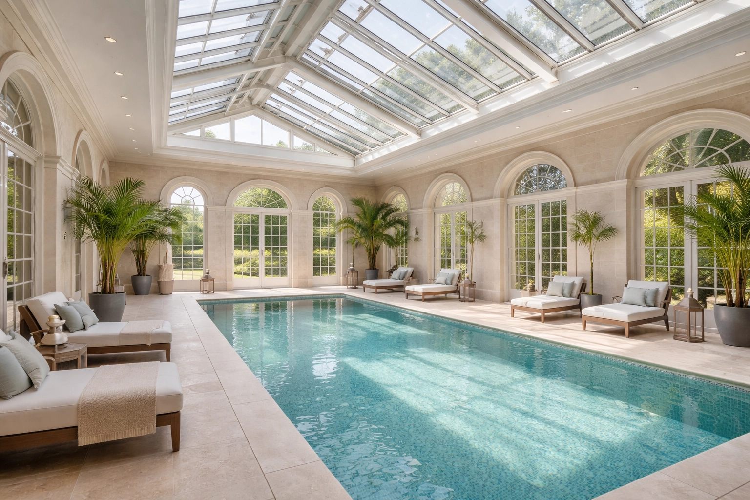 Luxurious indoor swimming pool with natural light in a period home, showcasing high-value property amenities