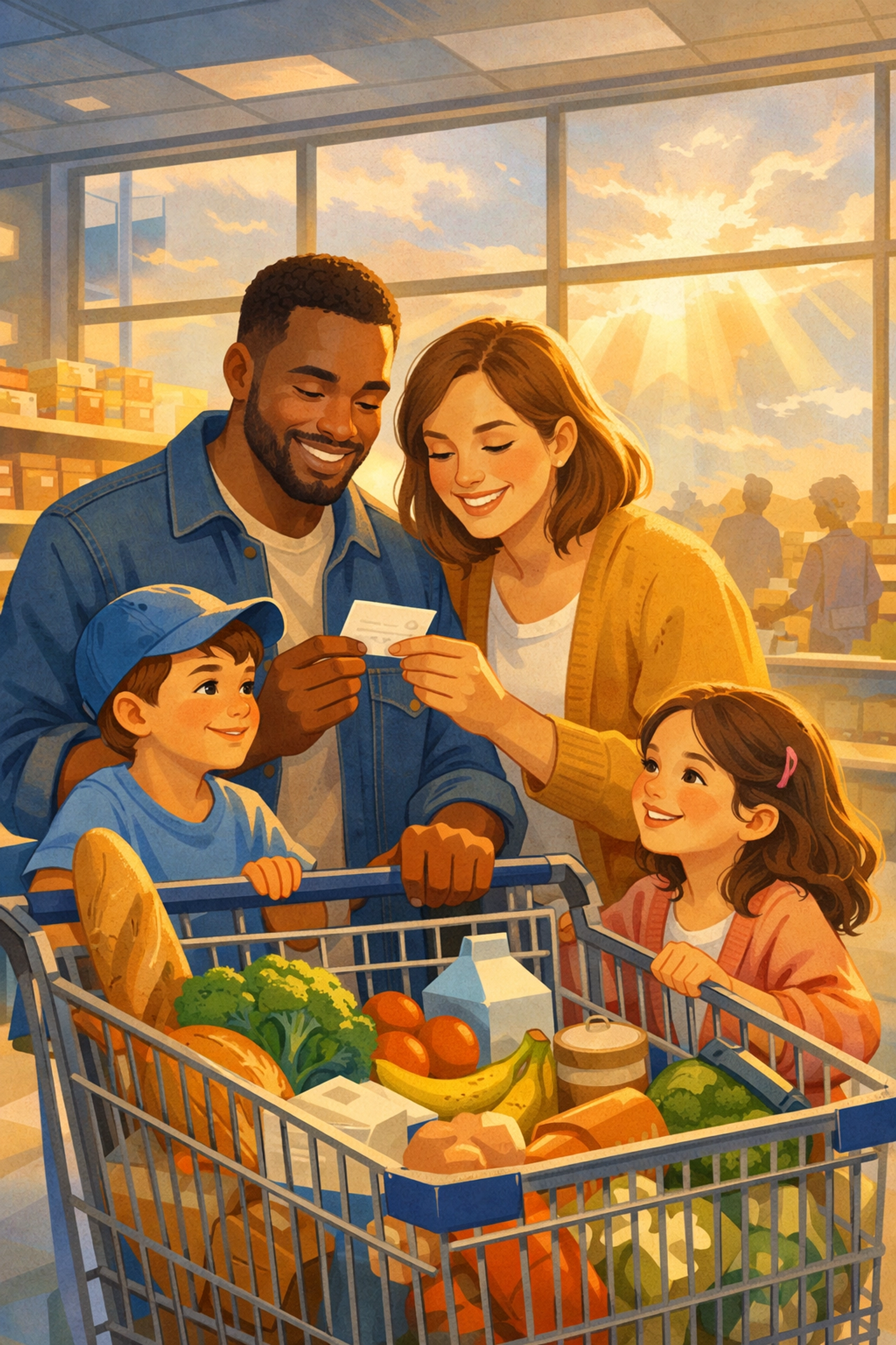 Family shopping for groceries with relief as inflation decreases and prices stabilize