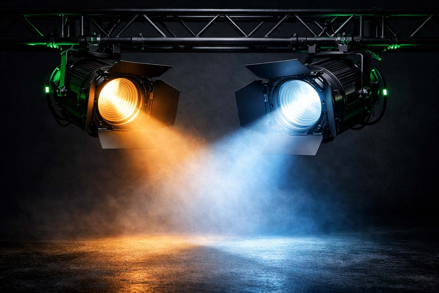 Tunable white LED Fresnel fixtures displaying warm 2700K and cool 6500K color temperatures for stage.