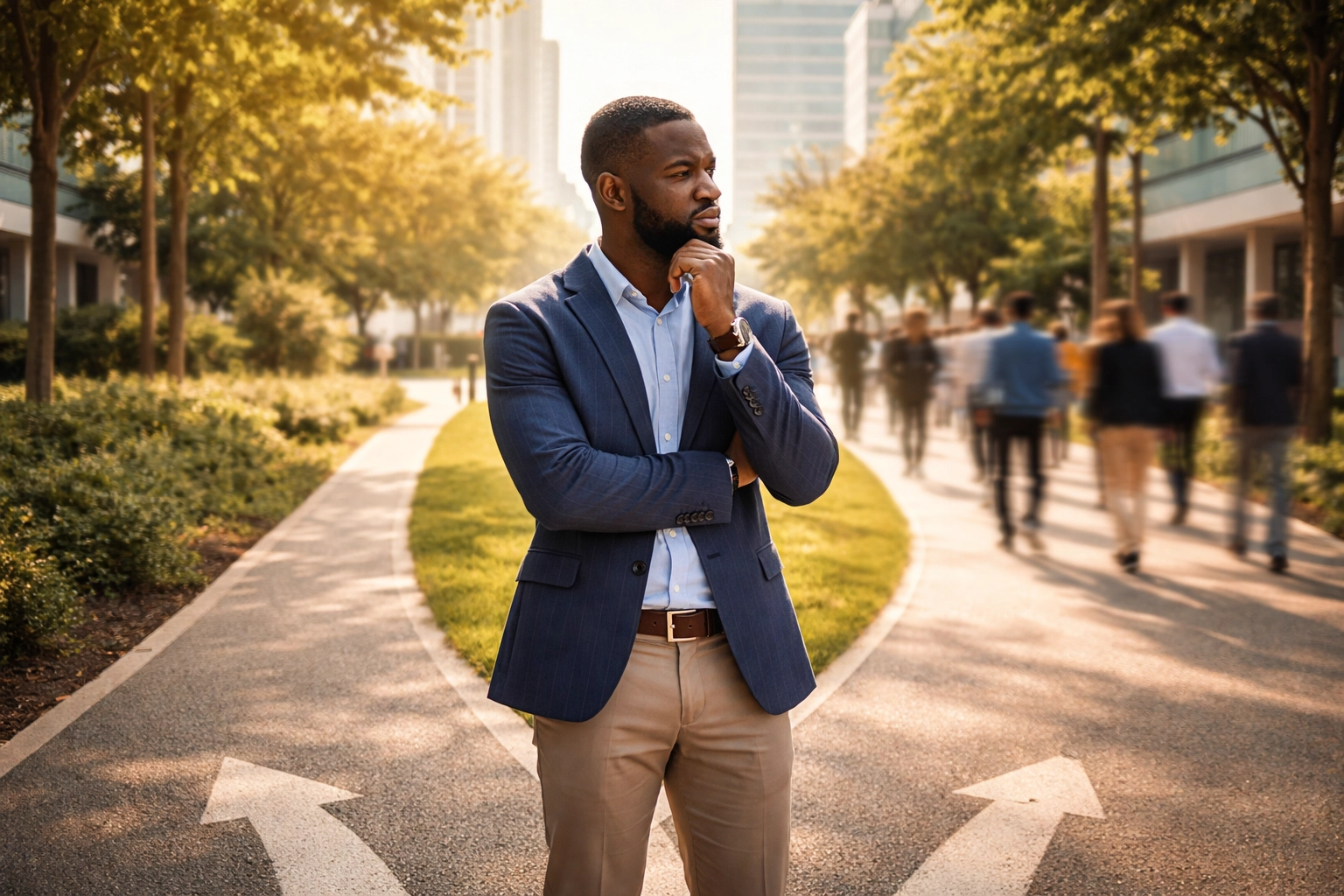 Black business consultant at a crossroads symbolizing strategic decision-making in brand positioning and market opportunities.