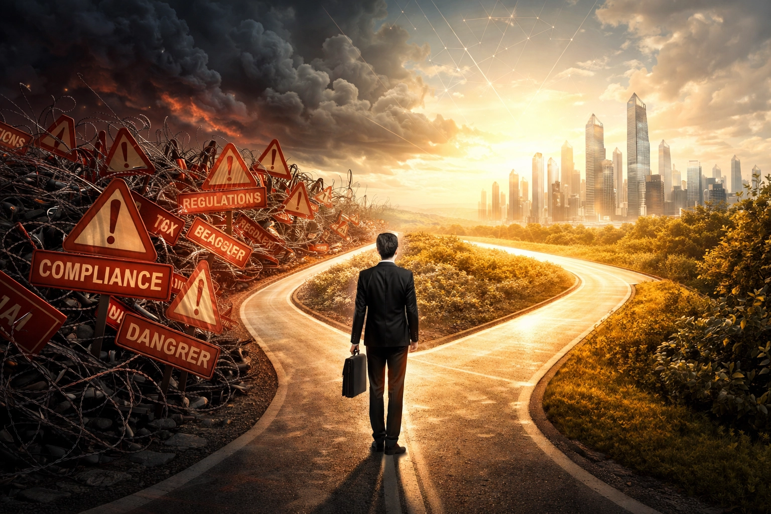 Business leader choosing between complex crypto compliance challenges and streamlined Web3 payment solutions.