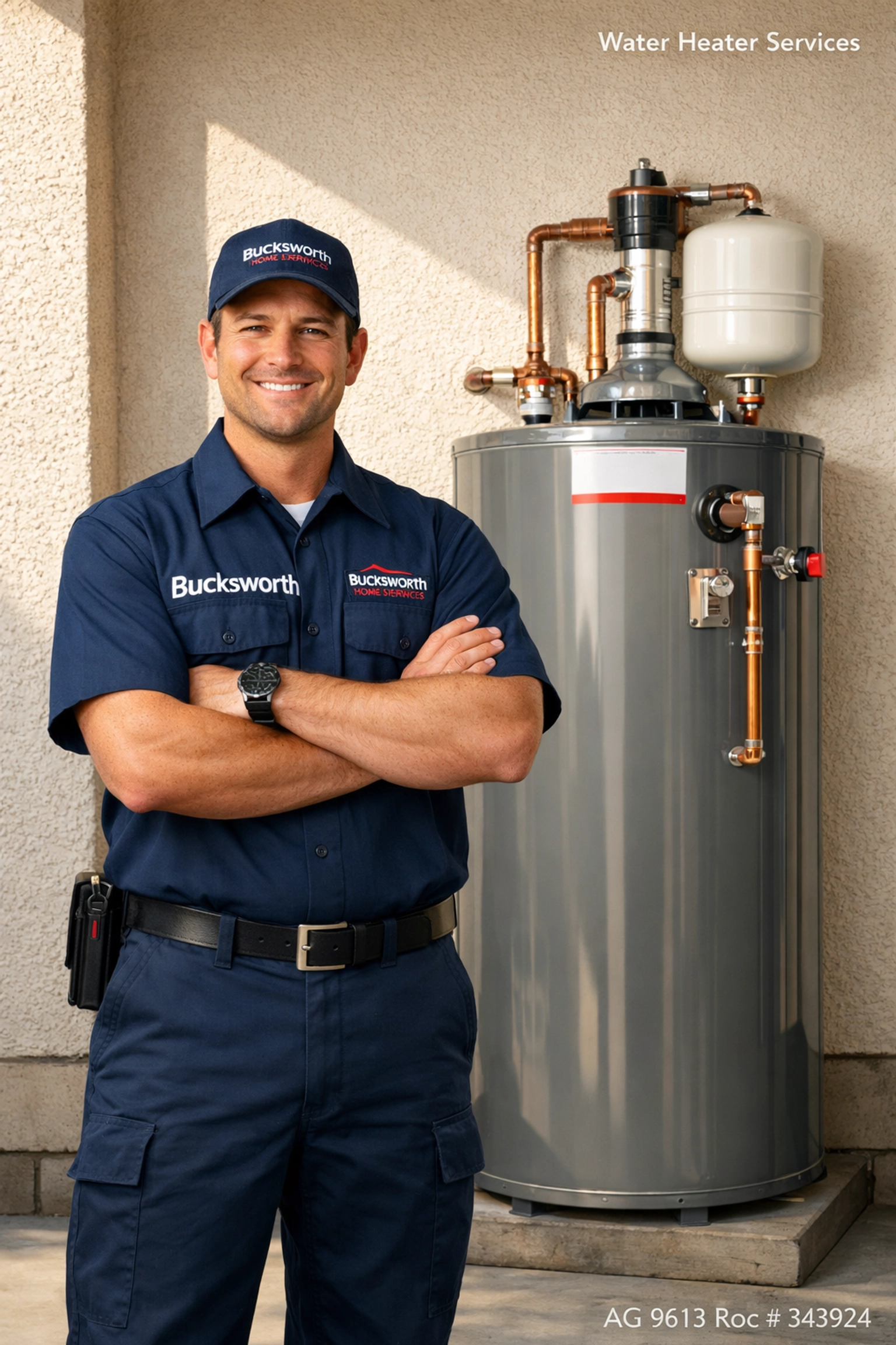 Professional water heater services in Goodyear AZ by a Bucksworth technician in a Palm Valley home garage.