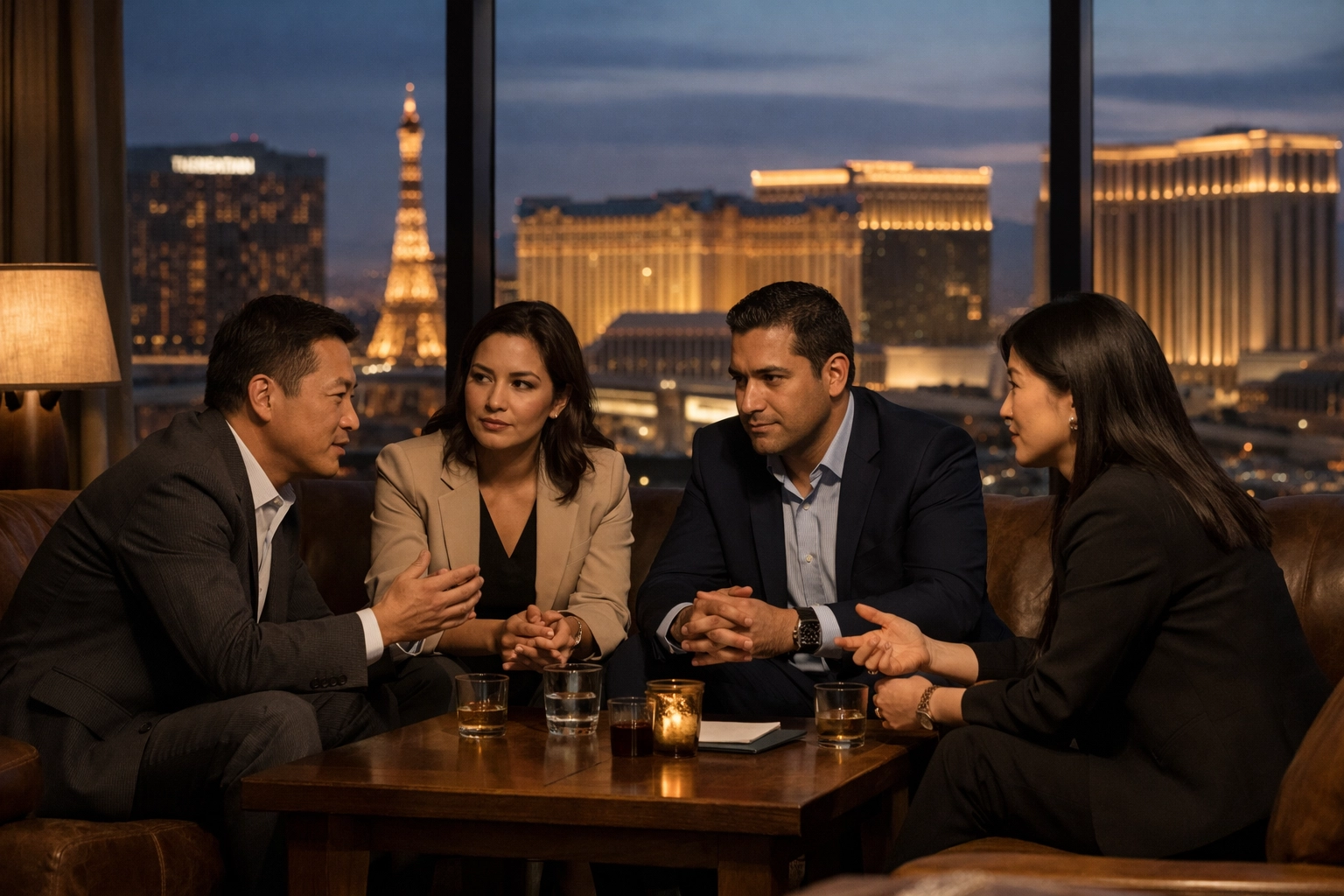 Global professionals meeting in a Las Vegas lounge to discuss cross-continental trade.