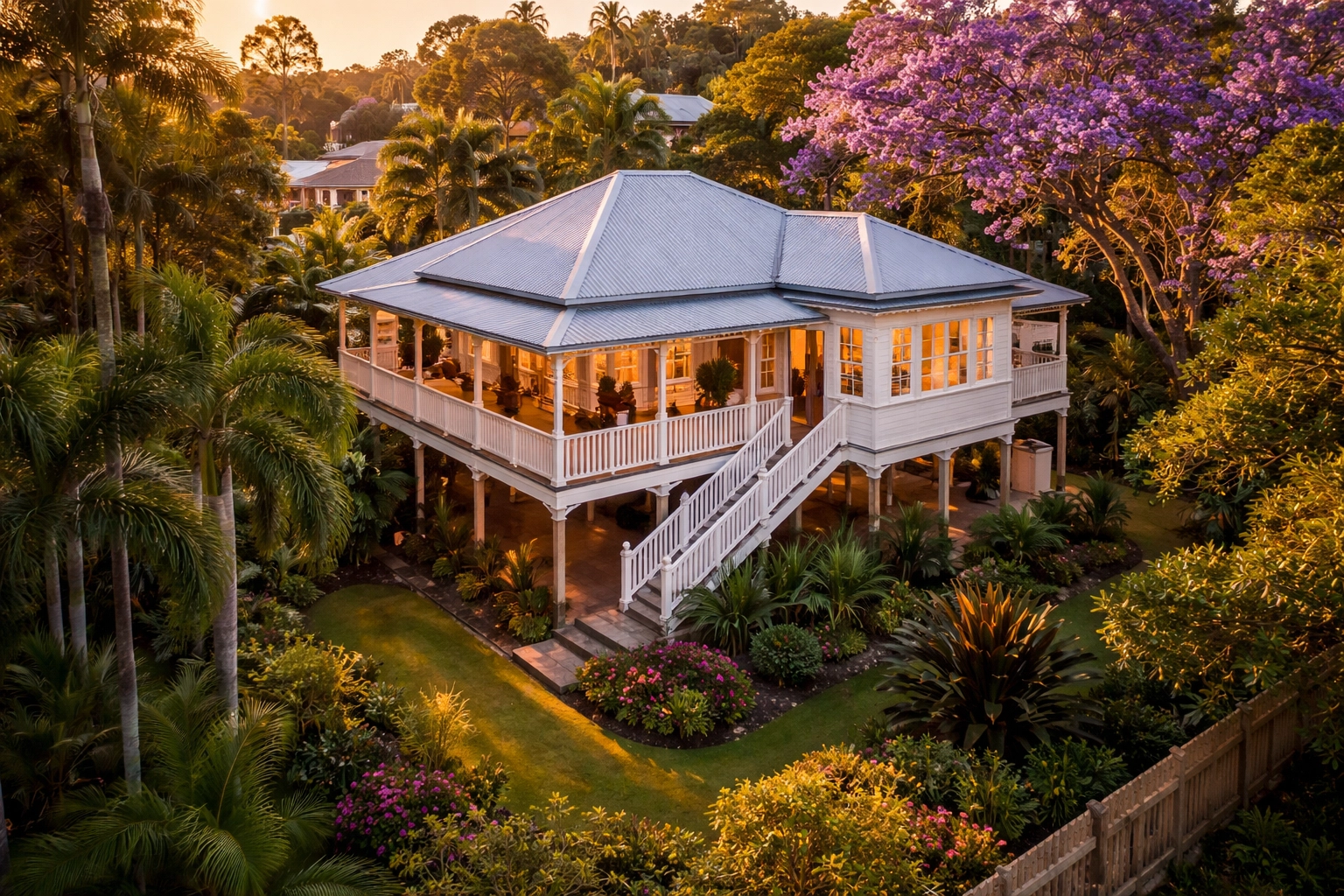 Aerial view of classic Queenslander home in leafy Brisbane suburb, ideal for local cleaning services