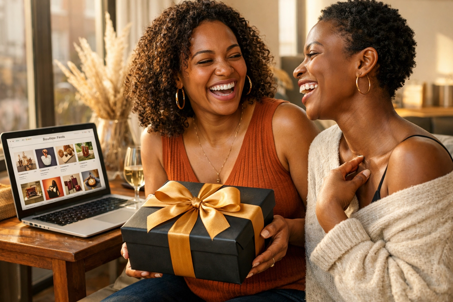 Black Commerce Matters: Why Your Daily Choice to Buy Black Changes Everything Two Black women sharing a gift from a Black-owned marketplace in a sunlit modern apartment.