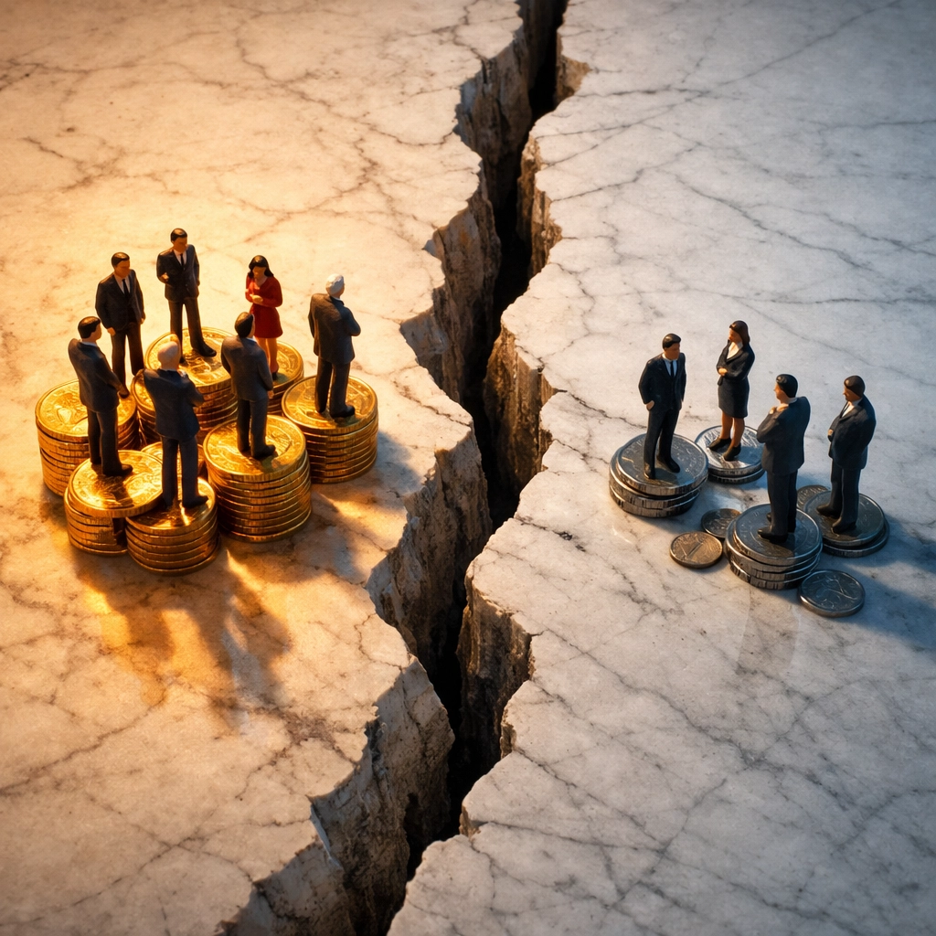 Economic inequality visualization showing wealth gap widening between rich and poor from AI