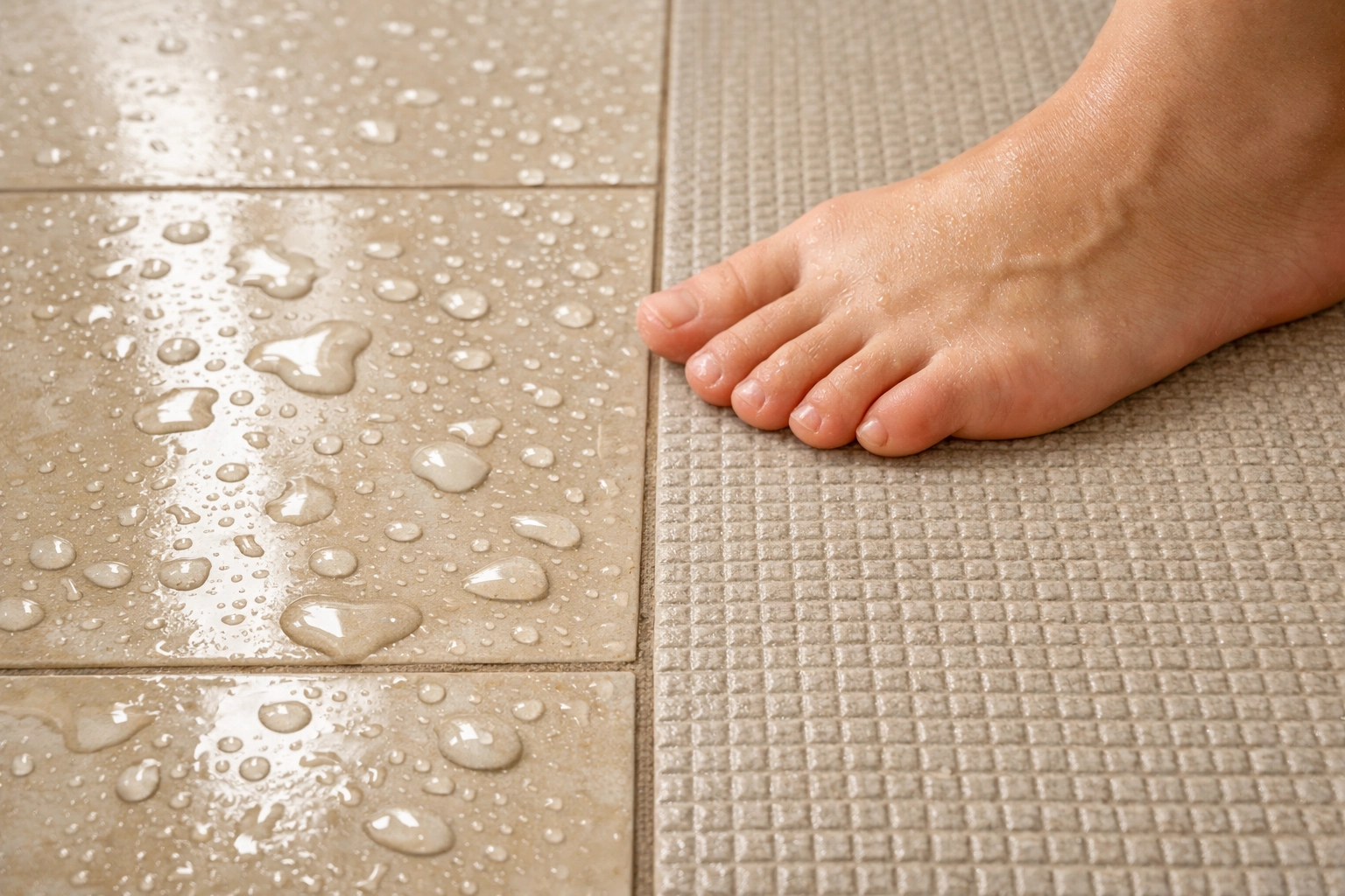 Comparison of slippery glossy tiles versus textured non-slip bathroom flooring for fall prevention
