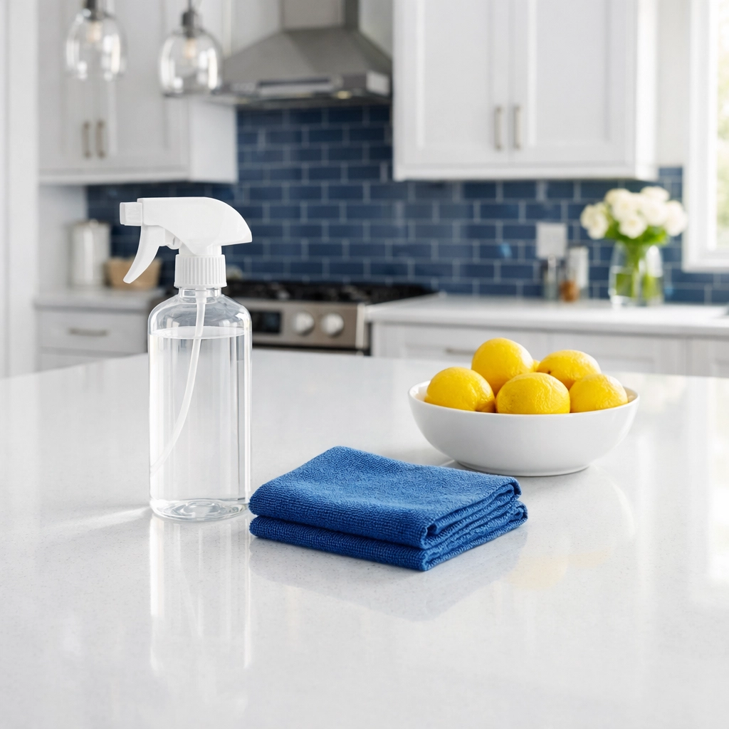 Professional weekly house cleaning in Townsend MA using microfiber cloths for a streak-free kitchen island.