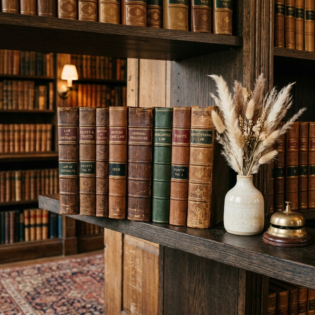 High-end legal library shelf with classic leather-bound law books and a modern vase