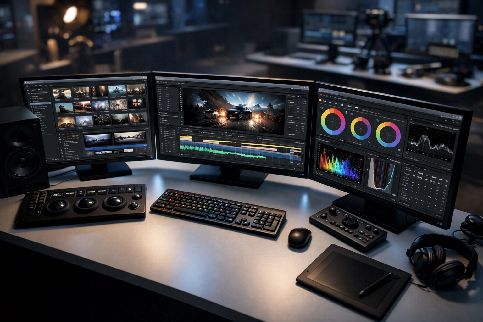 A professional video editing suite showing organized digital media assets on multiple monitors for workflow automation.