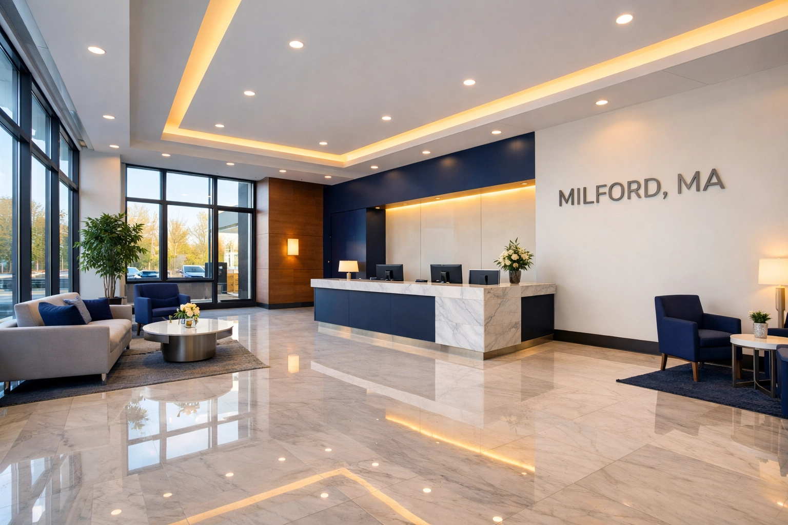 Pristine commercial lobby in Milford, MA after professional bi weekly house cleaning service.
