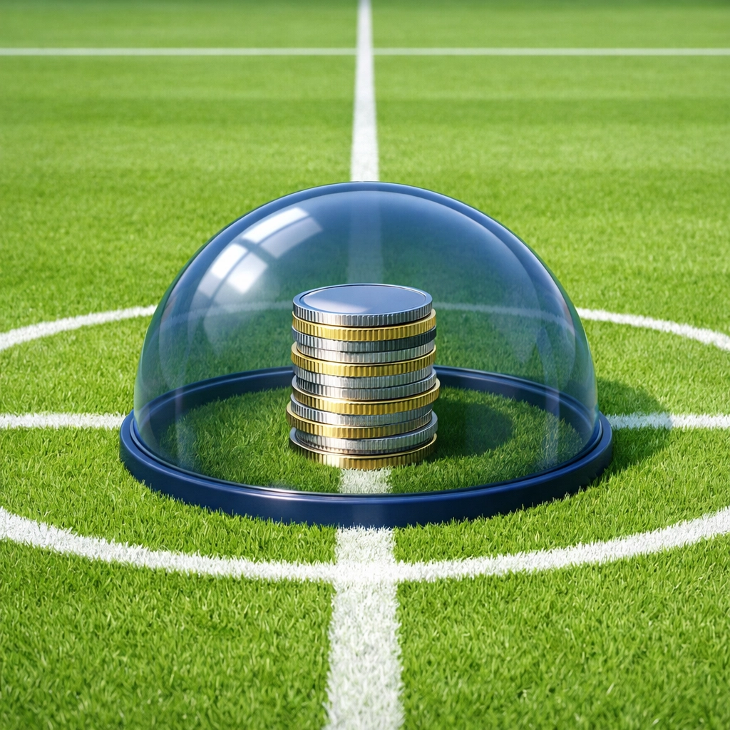 A stack of coins protected by a dome on a football pitch, illustrating bankroll management.