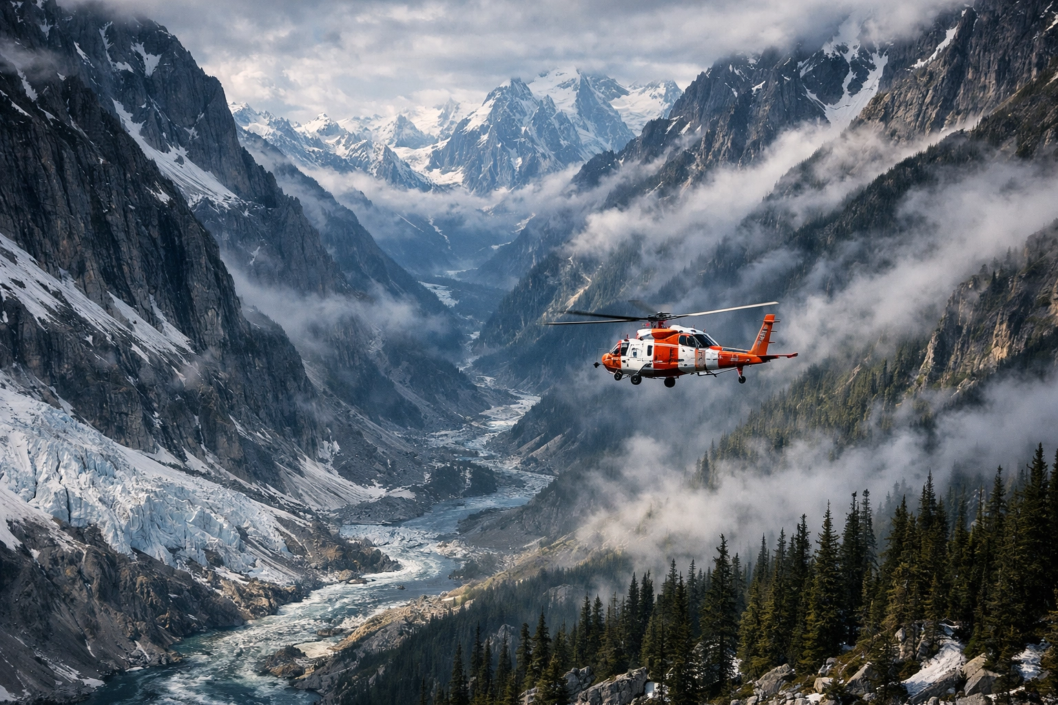 Emergency medical evacuation helicopter in the mountains, a vital part of travel insurance Alaska.