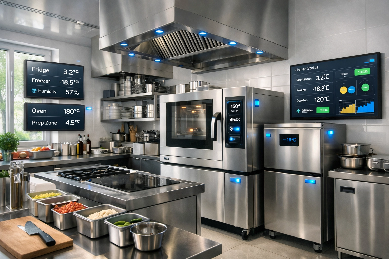 Modern restaurant kitchen with IoT equipment and digital monitors improving back-of-house profitability