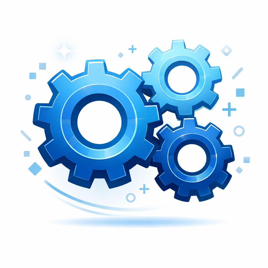 Interlocking blue gears representing synchronized software updates and seamless system performance.