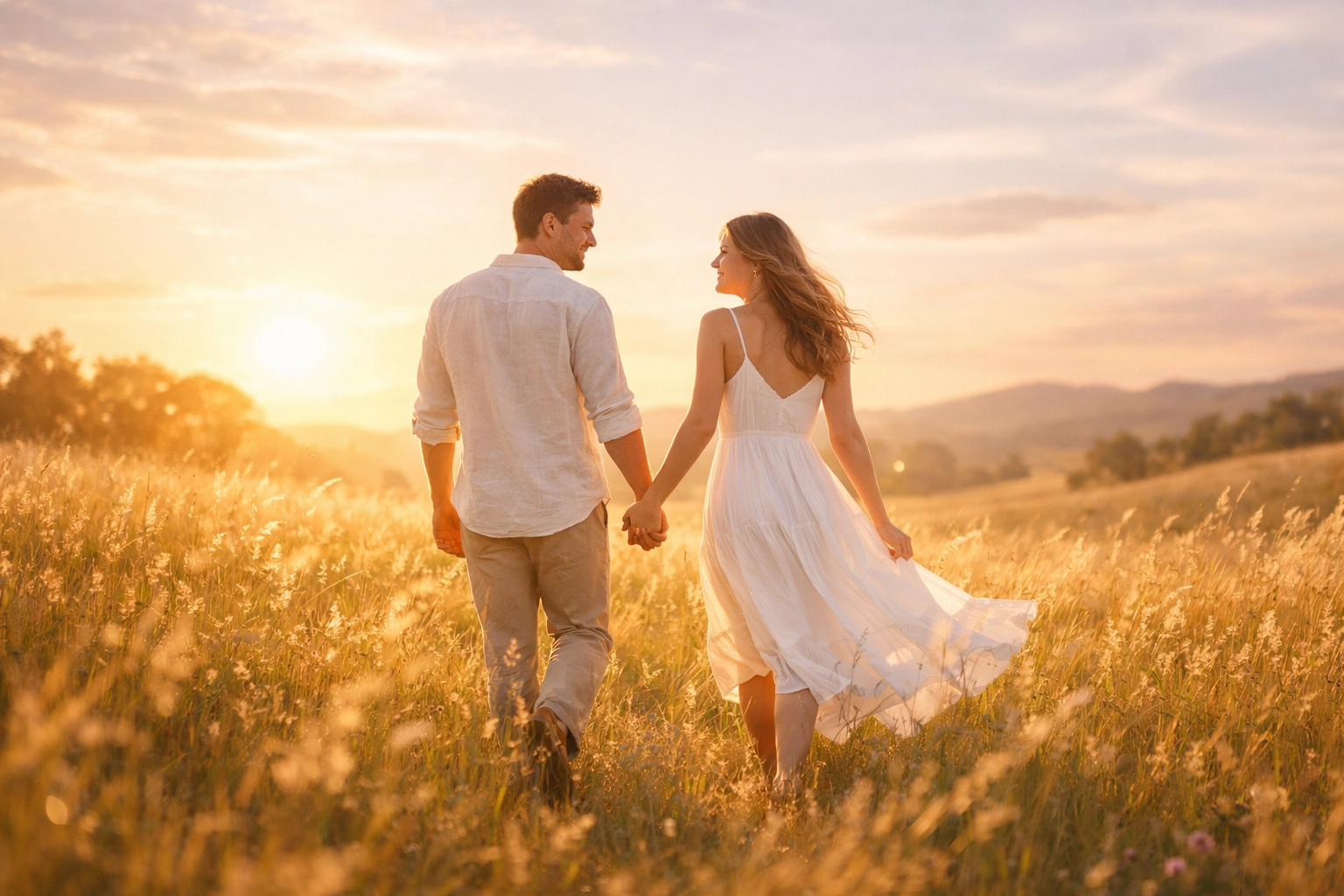 Happy couple walking hand-in-hand celebrating a debt-free wedding and bright future.