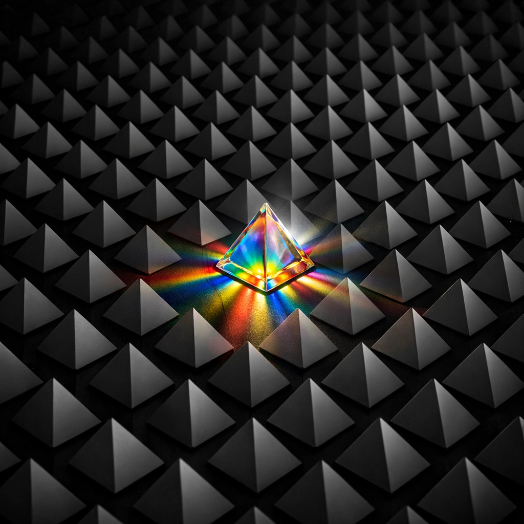 A unique iridescent shape among grey blocks representing original content in AI search results.