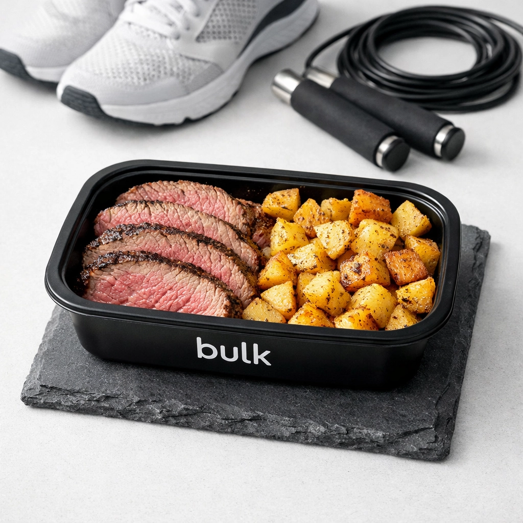 Bulk portion controlled meal with steak and potatoes next to gym shoes for fitness performance.