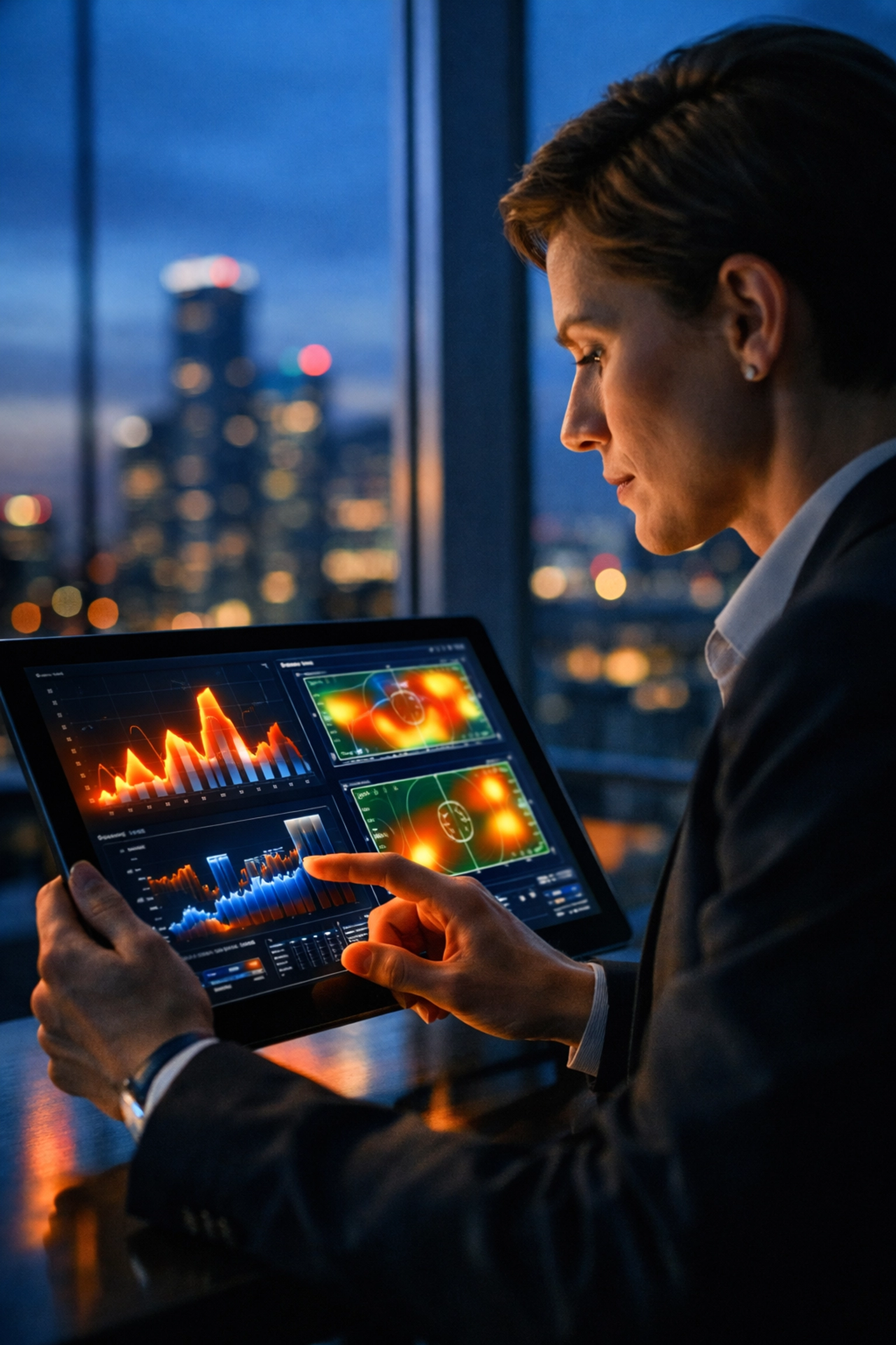 A business consultant analyzing sports data and heat maps on a digital tablet for strategic planning.