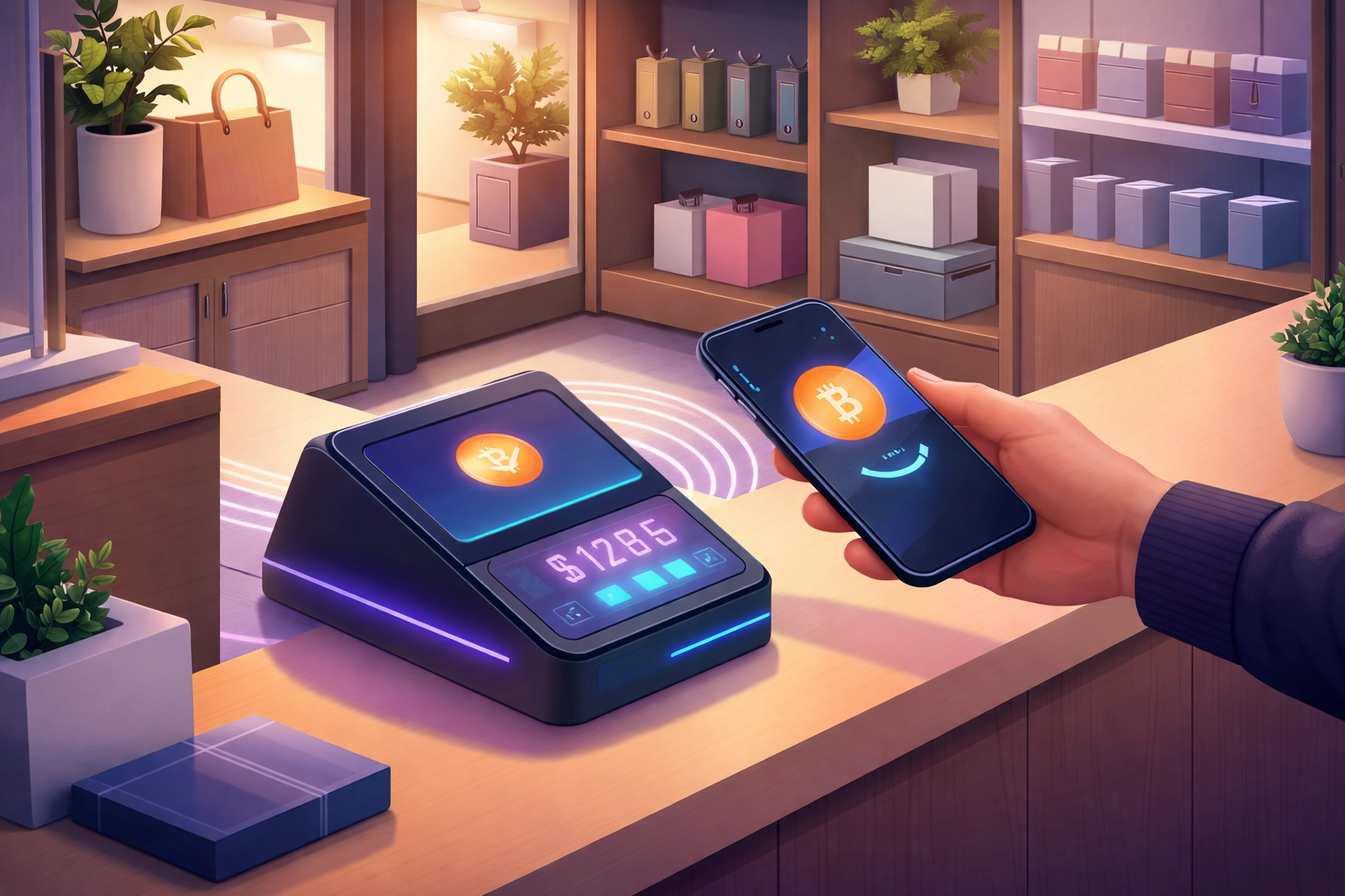 A modern retail shop scene displaying a customer using a contactless crypto POS, ideal for small business payments.