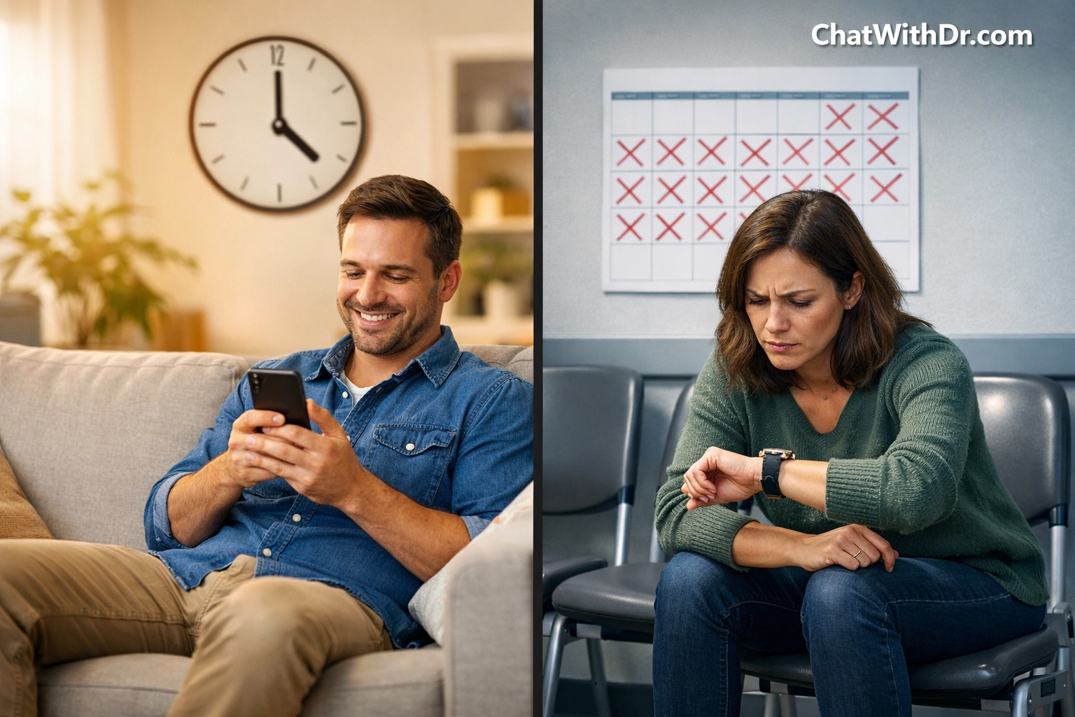 Patient receiving fast online doctor consultation in 2 hours vs long traditional clinic wait times