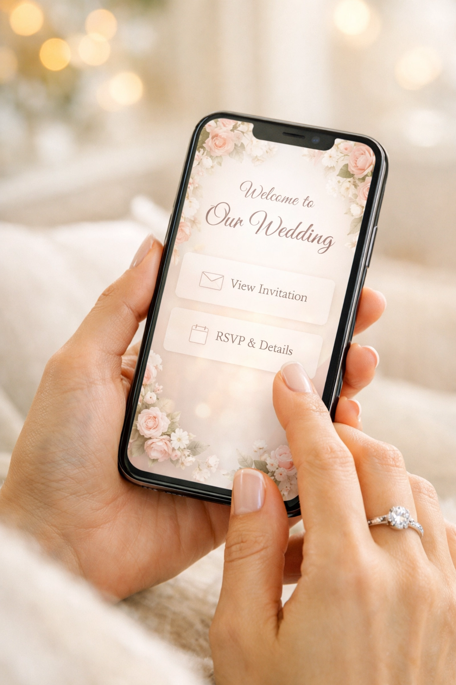 A person using a smartphone to access an online wedding RSVP and registry app.