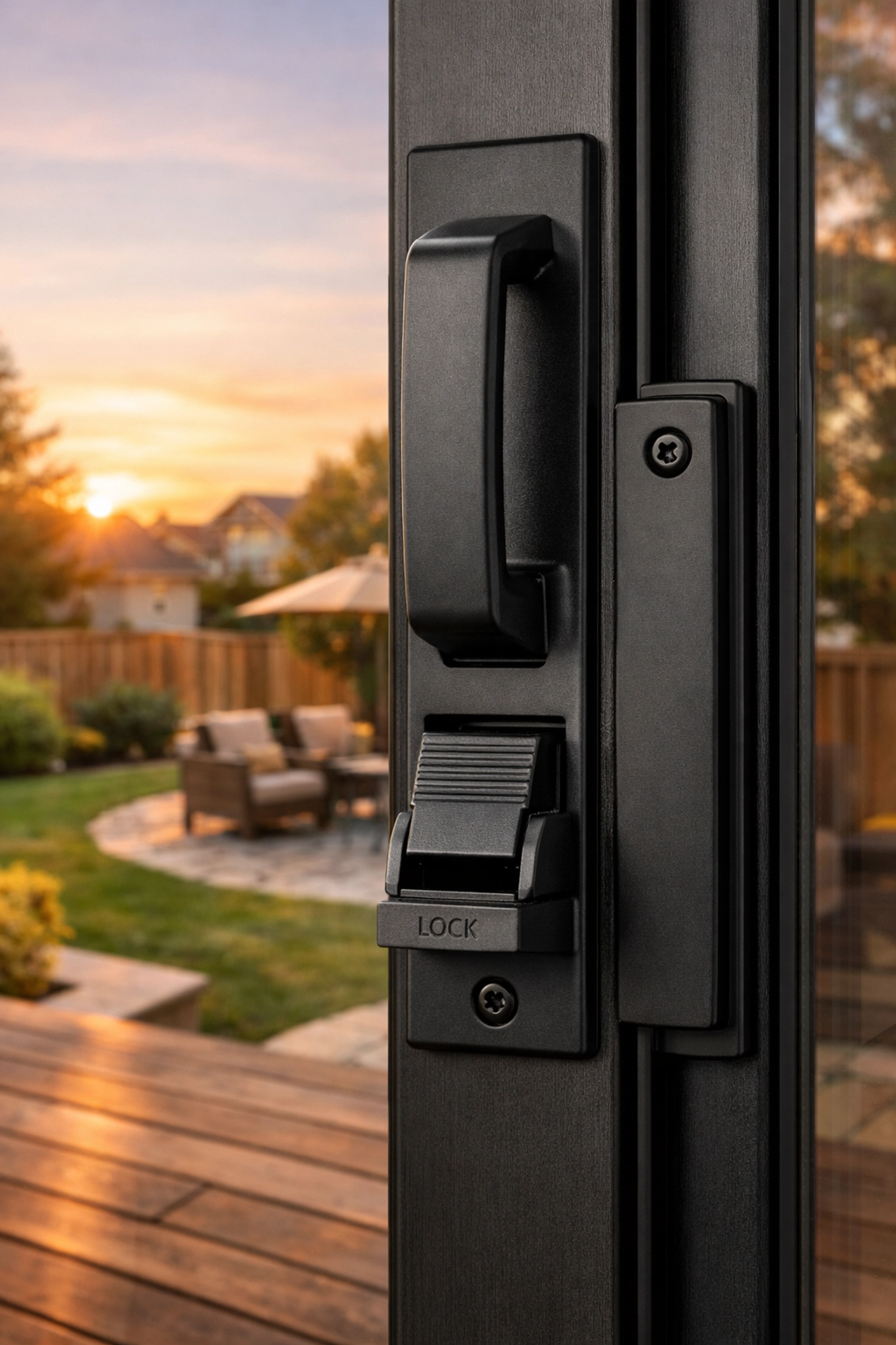 Durable matte black patio door handle and foot lock for improved home security and weatherproofing.