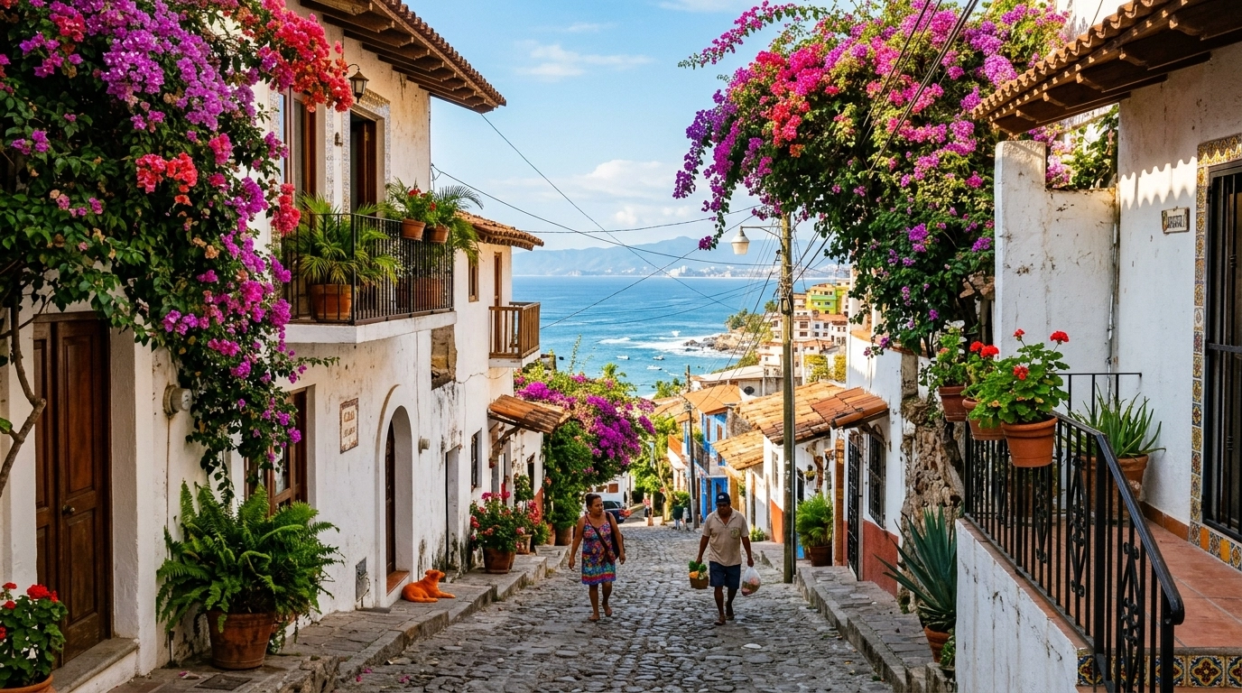 A vibrant, colorful street scene in the Amapas neighborhood of Puerto Vallarta with bougainvillea flowers and a view of the ocean.