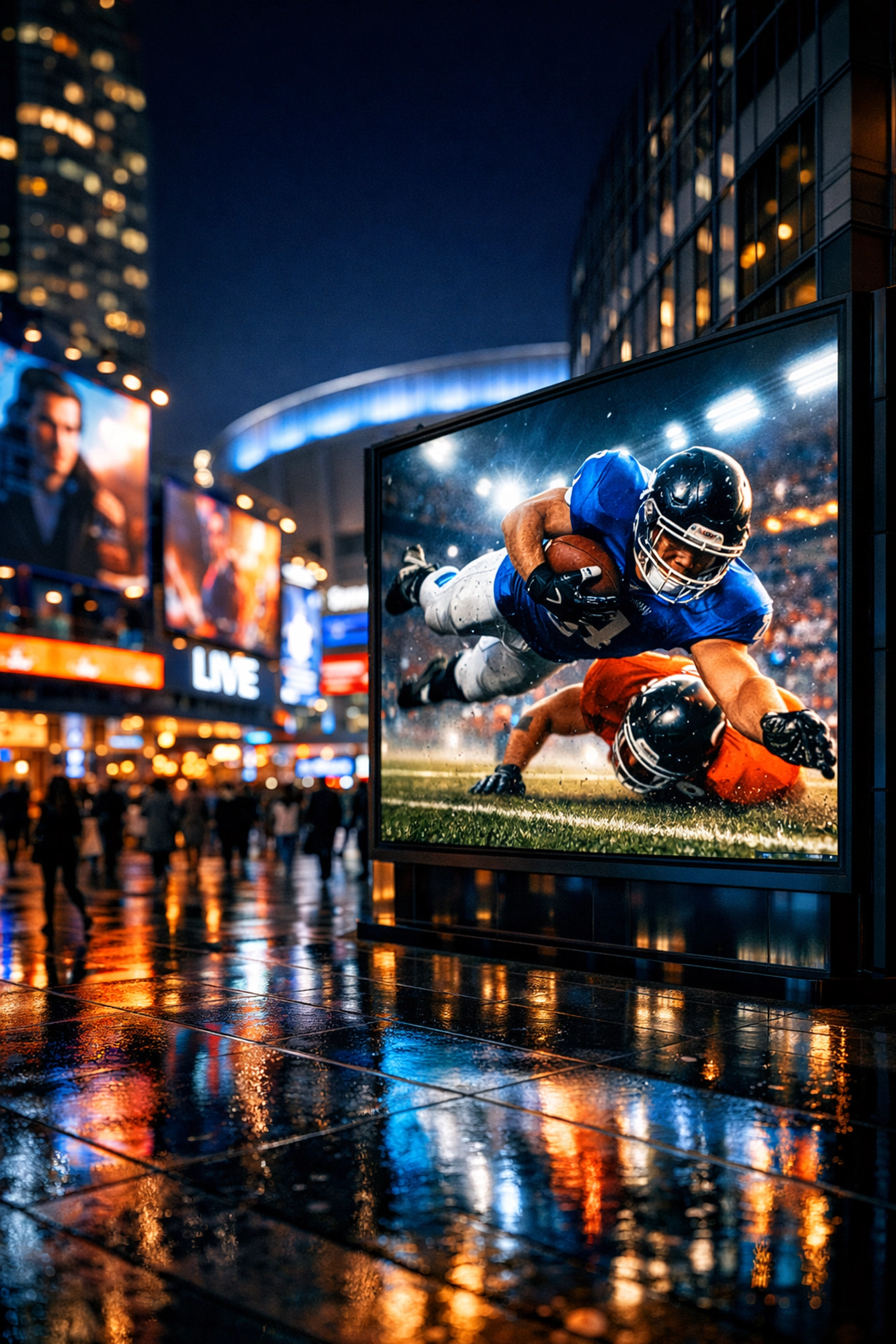 Programmatic digital out-of-home billboards in an urban entertainment district near a major arena.