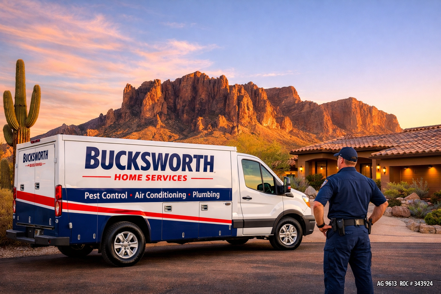 Bucksworth Home Services truck in Kings Ranch, Apache Junction with a view of the Superstition Mountains.
