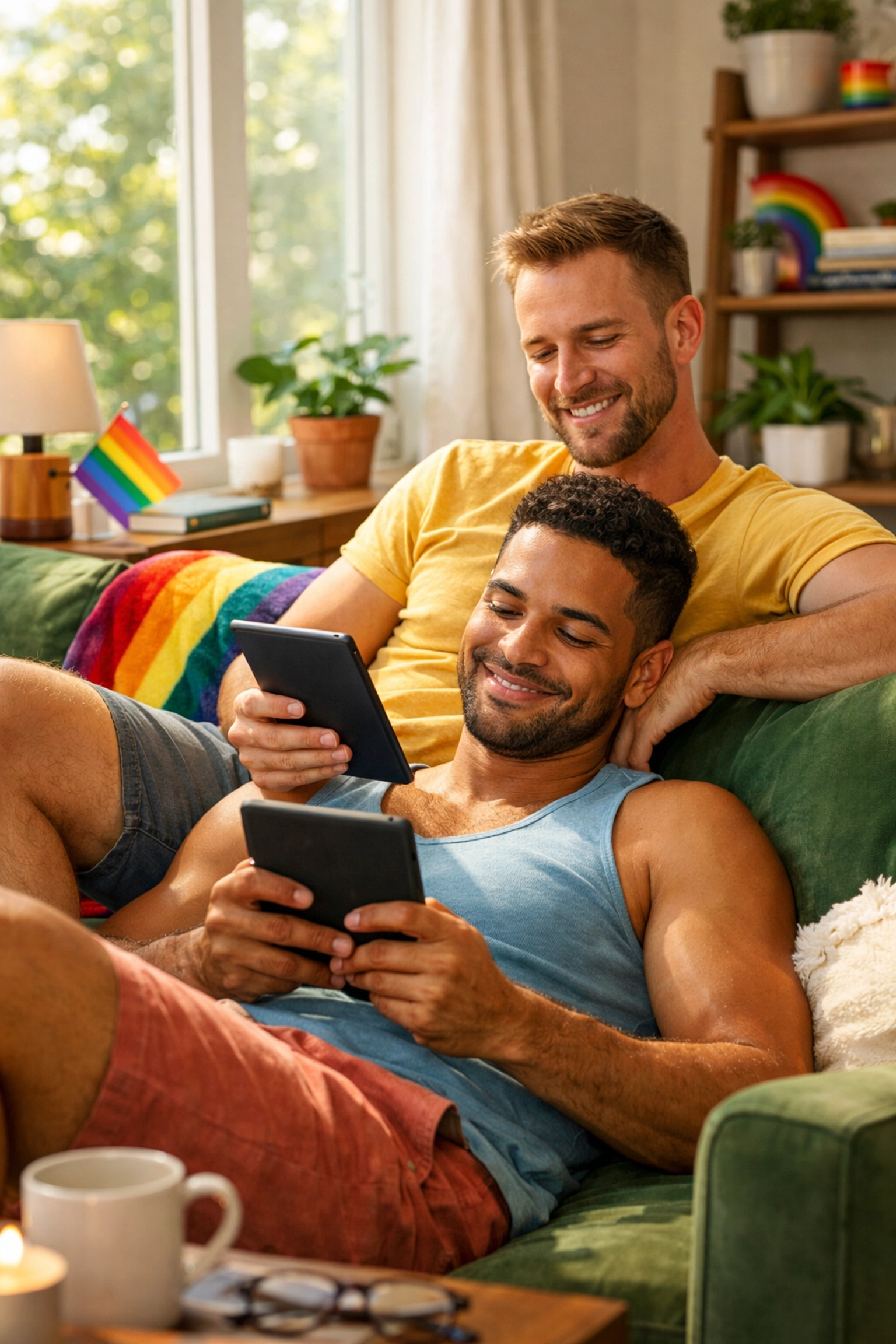 A happy gay couple reading MM romance ebooks together in a cozy room with a pride-themed blanket.