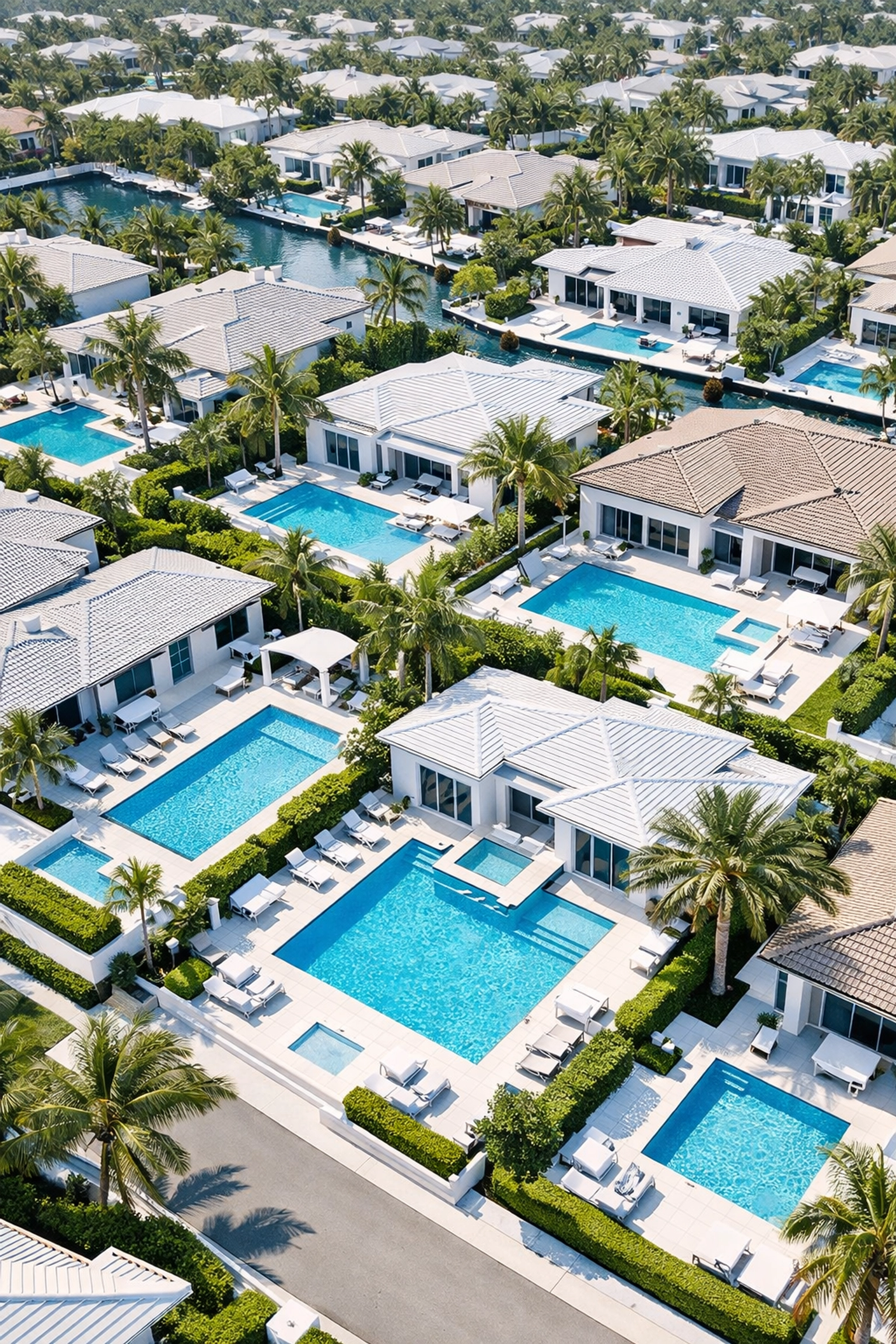 Aerial view of dense suburban swimming pools, illustrating a profitable route for a pool route broker.