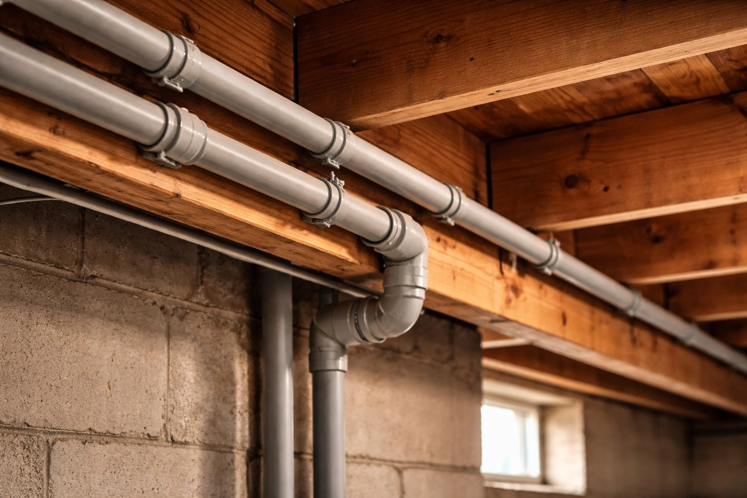 A close-up view of aging grey polybutylene pipes installed in a typical 1980s Calgary home basement.