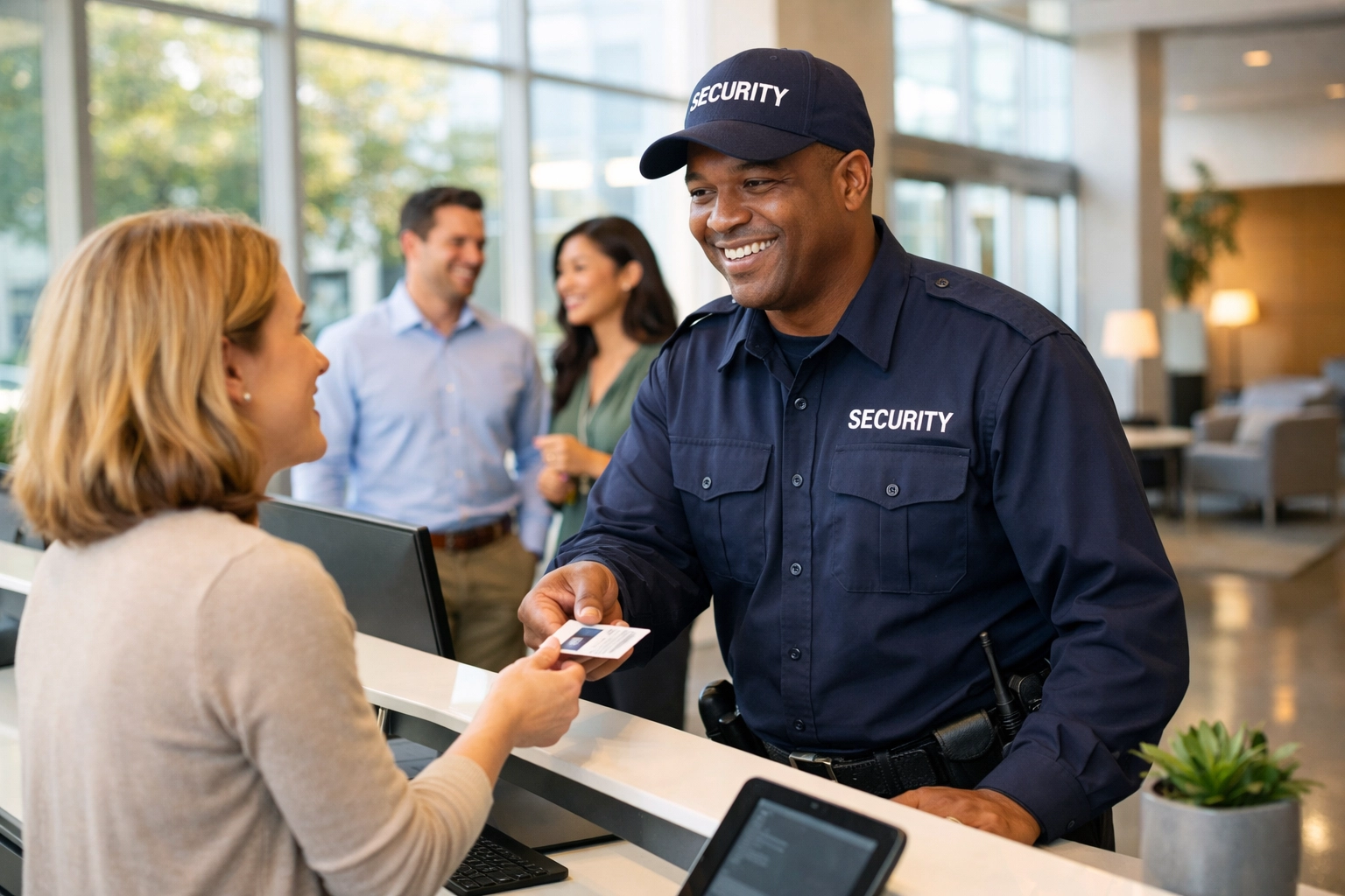 Unarmed security guard assisting employees in office lobby