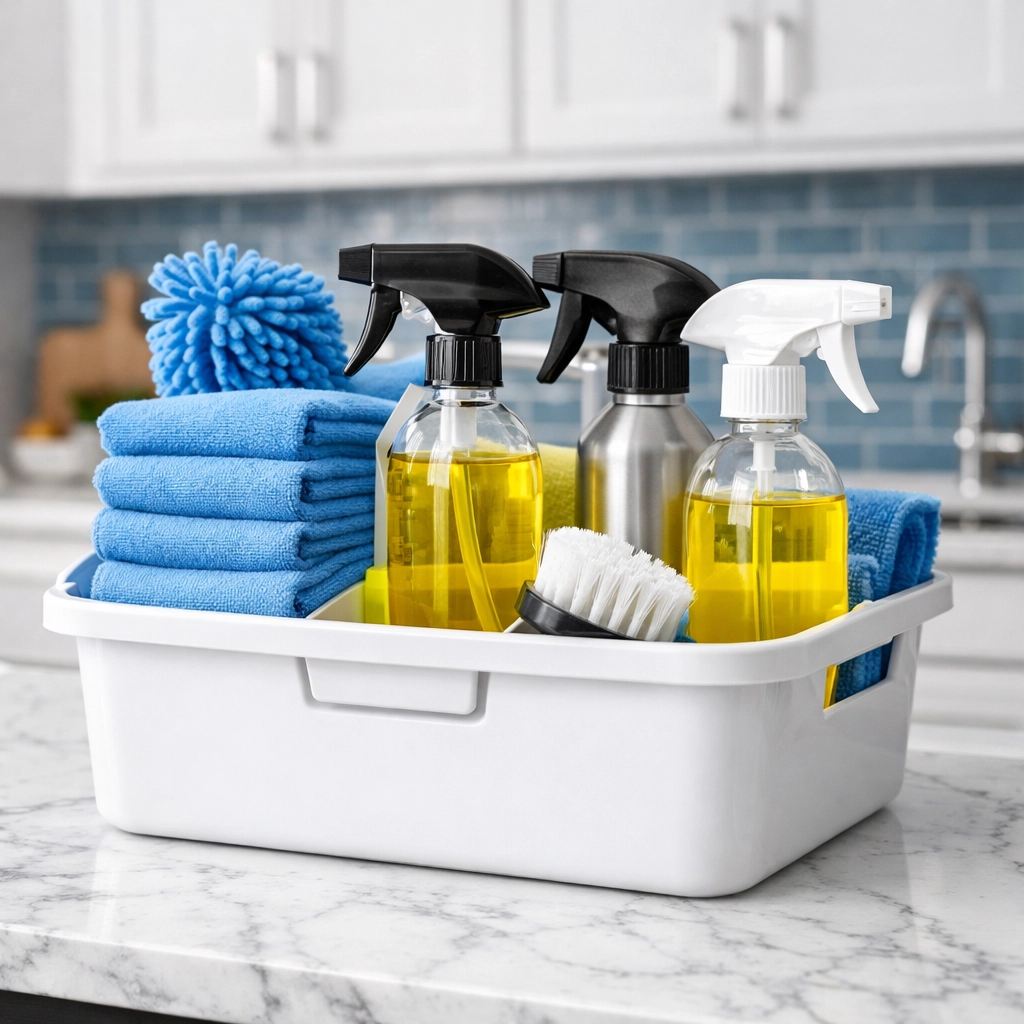 Professional deep cleaning supplies and microfiber cloths ready to tackle pet odors in a modern kitchen.