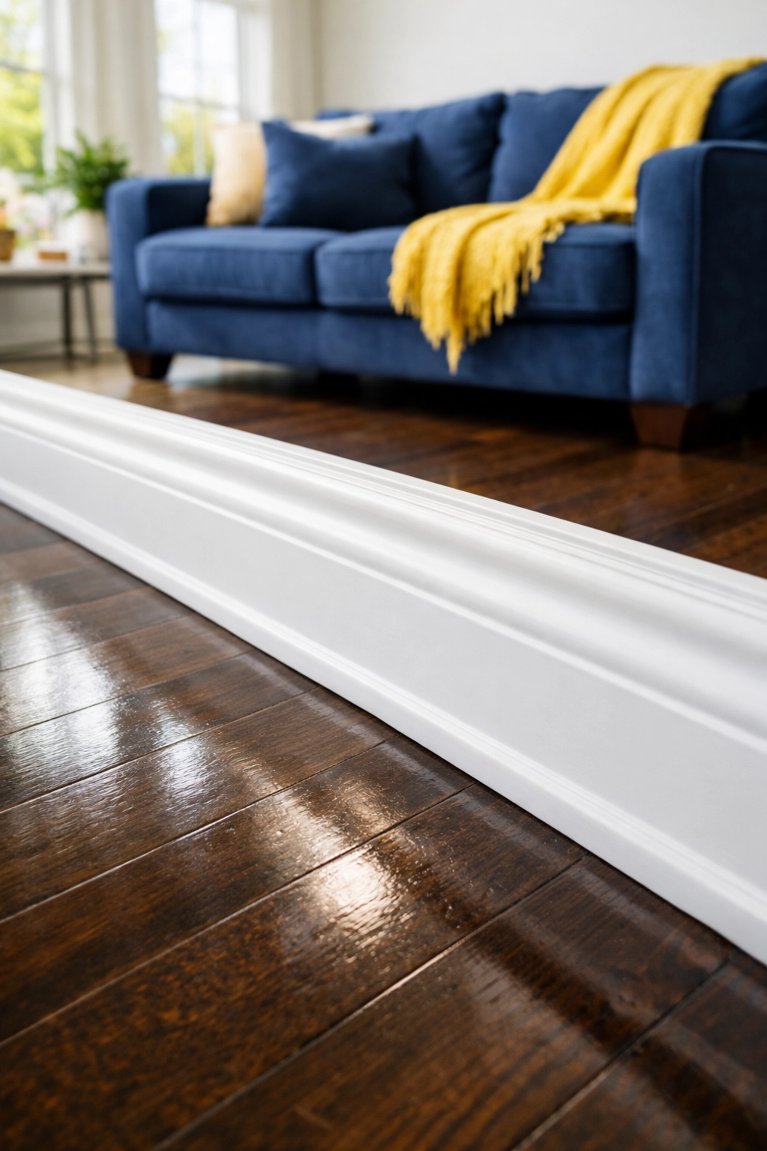 Clean living room with dust-free baseboards and polished floors from residential cleaning in North Reading.
