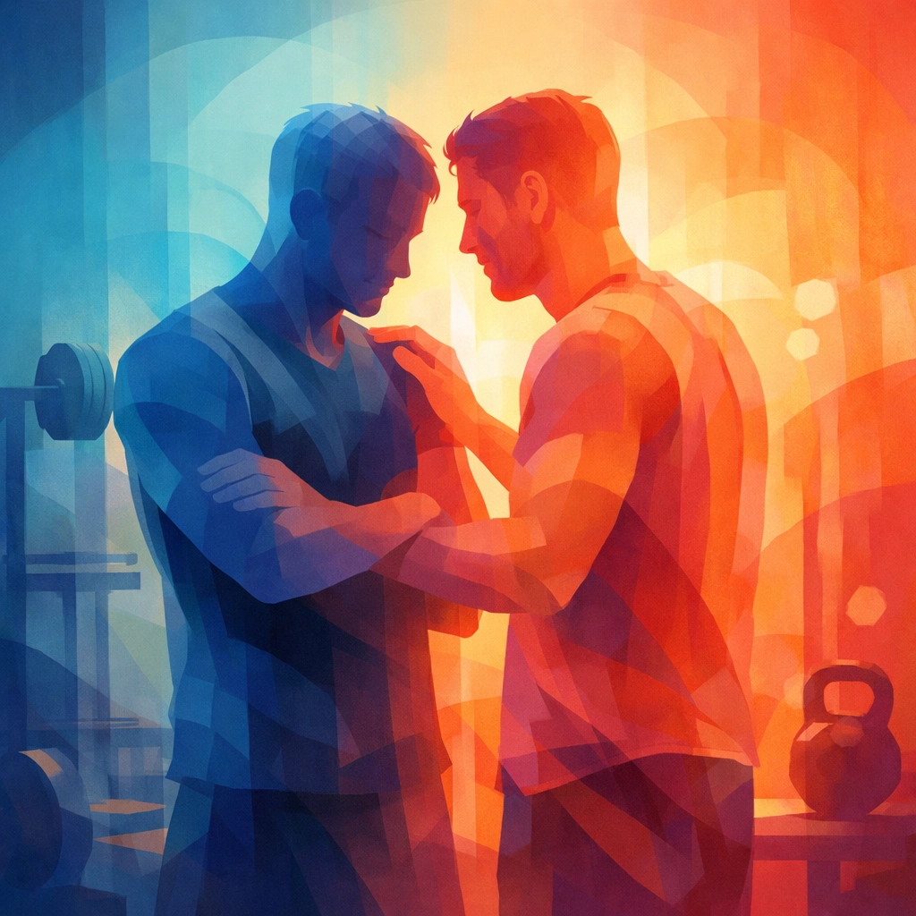 Gay love story emotional barriers dissolving between two men at the gym