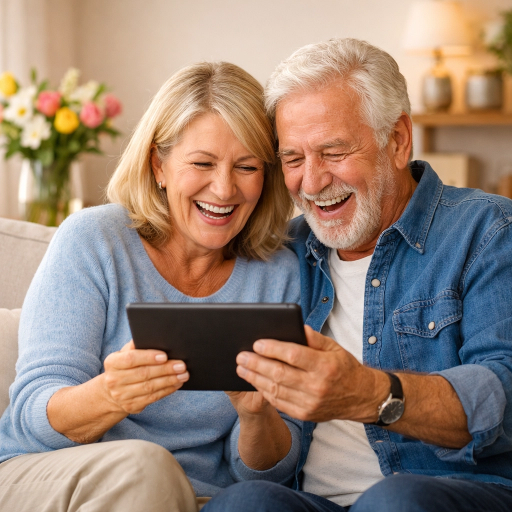 A smiling couple in their 60s reviewing their online Medicare application on a tablet together.