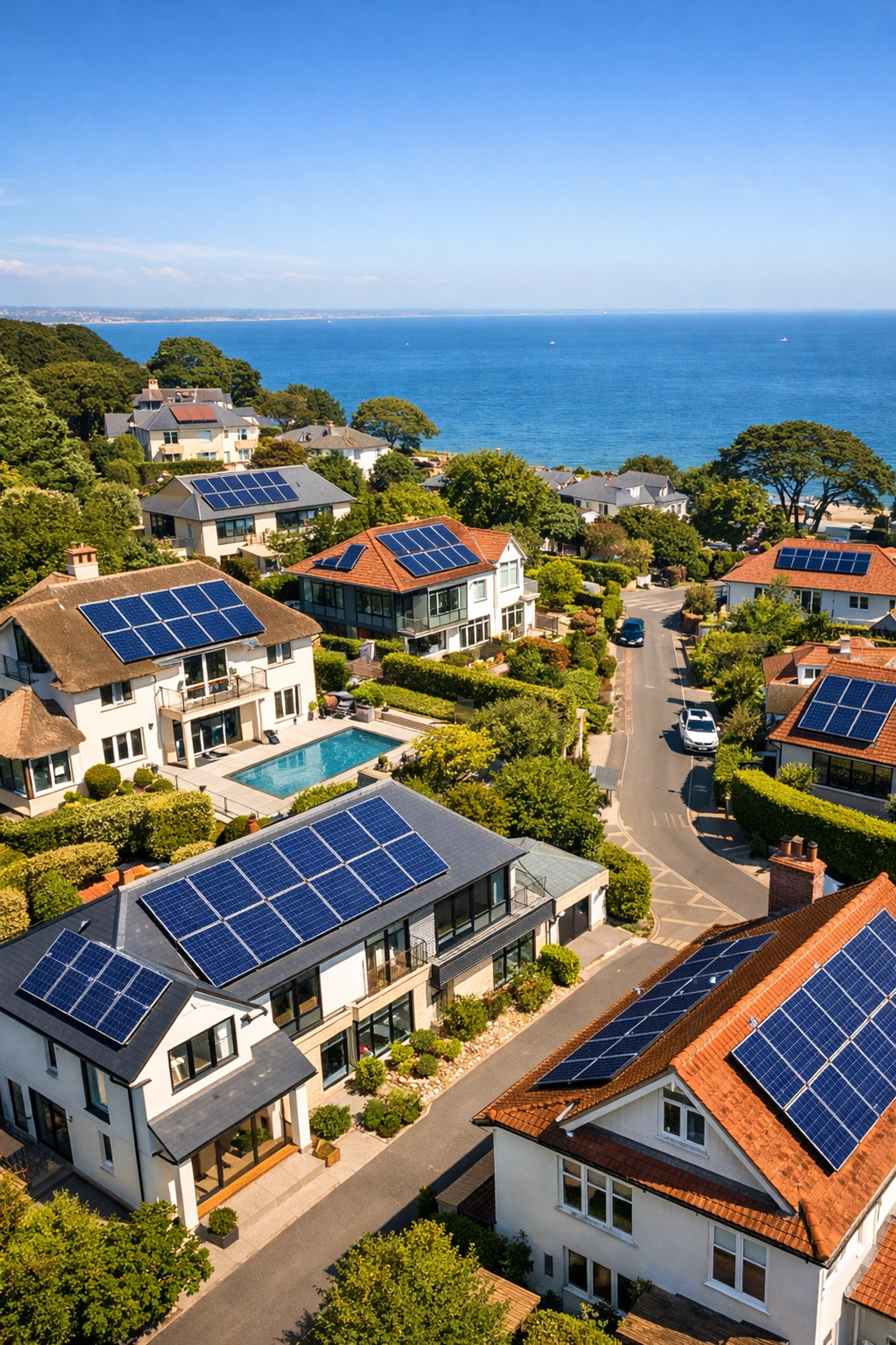 Aerial view of Dorset coastal homes with solar panel installations increasing property value.