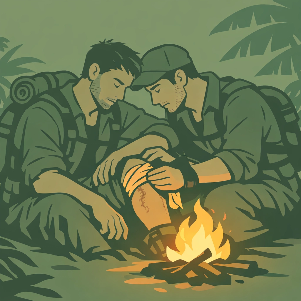Gay adventure romance: two men by campfire showing intimacy in survival situation
