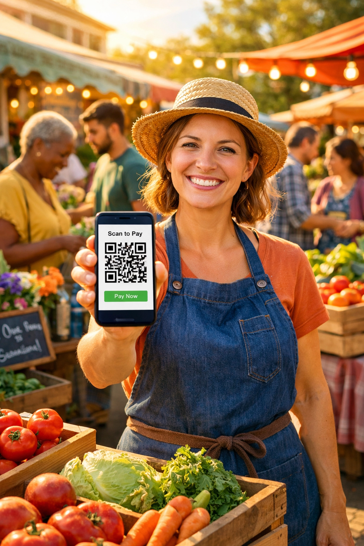 Small business owner accepting crypto payments via QR code at outdoor market with smartphone