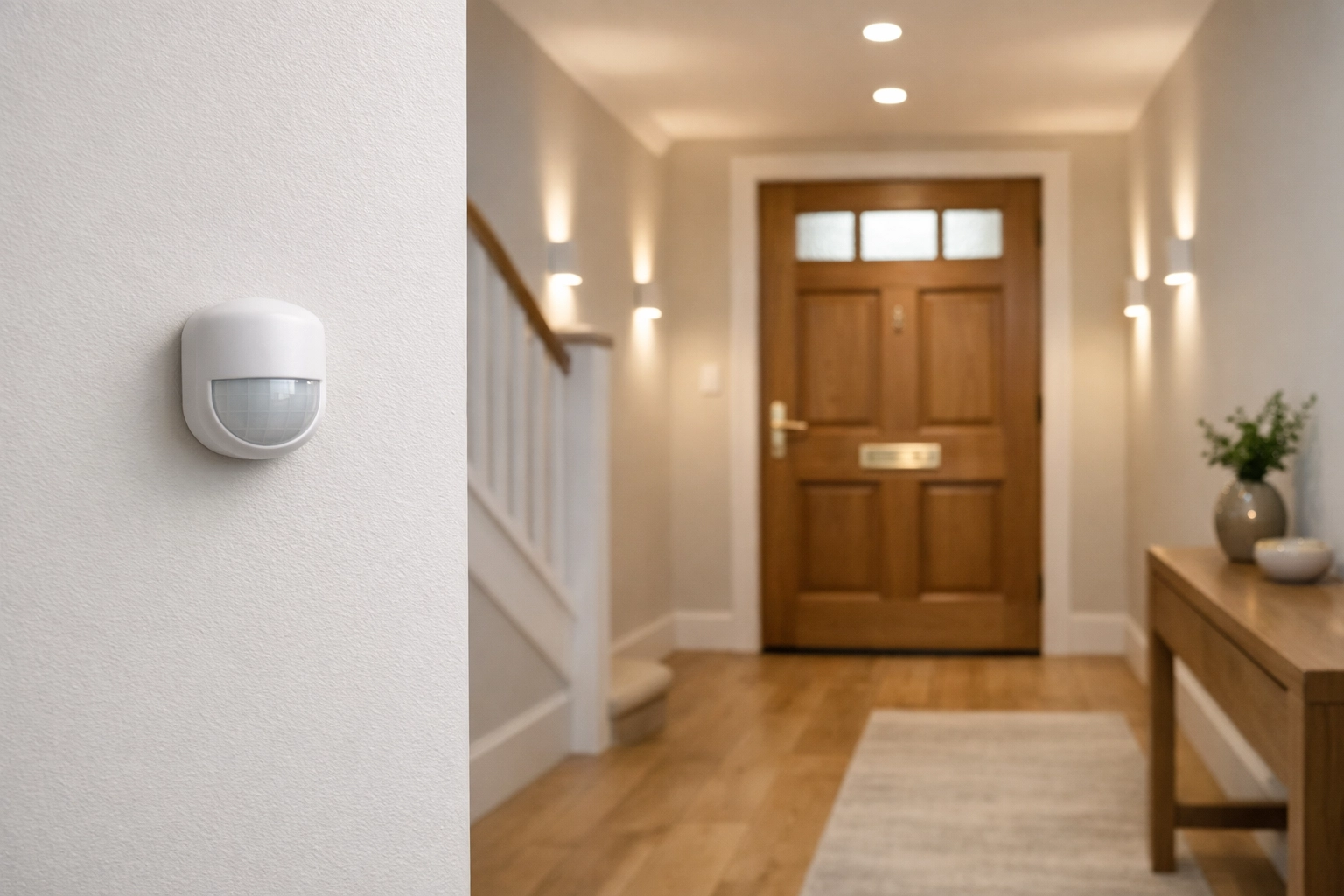 PIR motion sensor installed in a Dorset hallway to automate energy-saving LED lighting.
