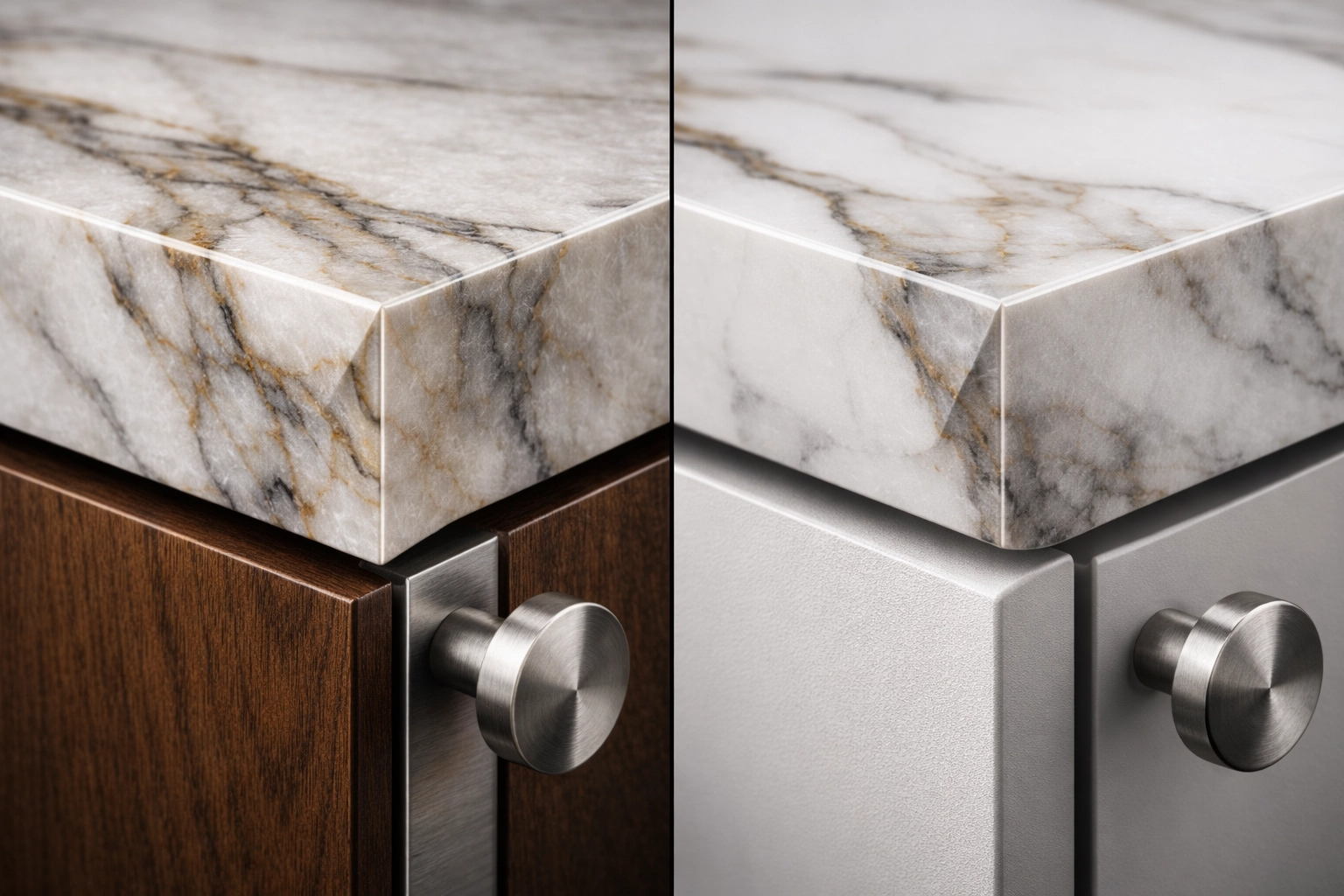 High-detail macro close-up of KBB materials - stone worktop edge with natural veining, cabinet finish texture, and brushed metal hardware, photorealistic - no people, no overlays