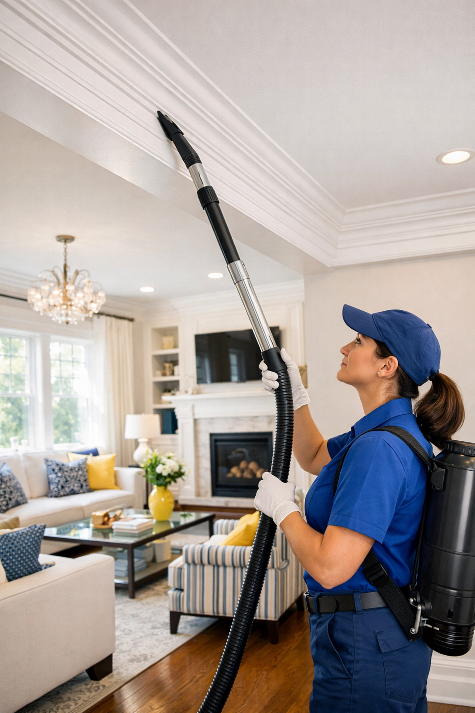 Professional deep cleaning services Framingham specialist using a HEPA vacuum on crown molding in a living room.