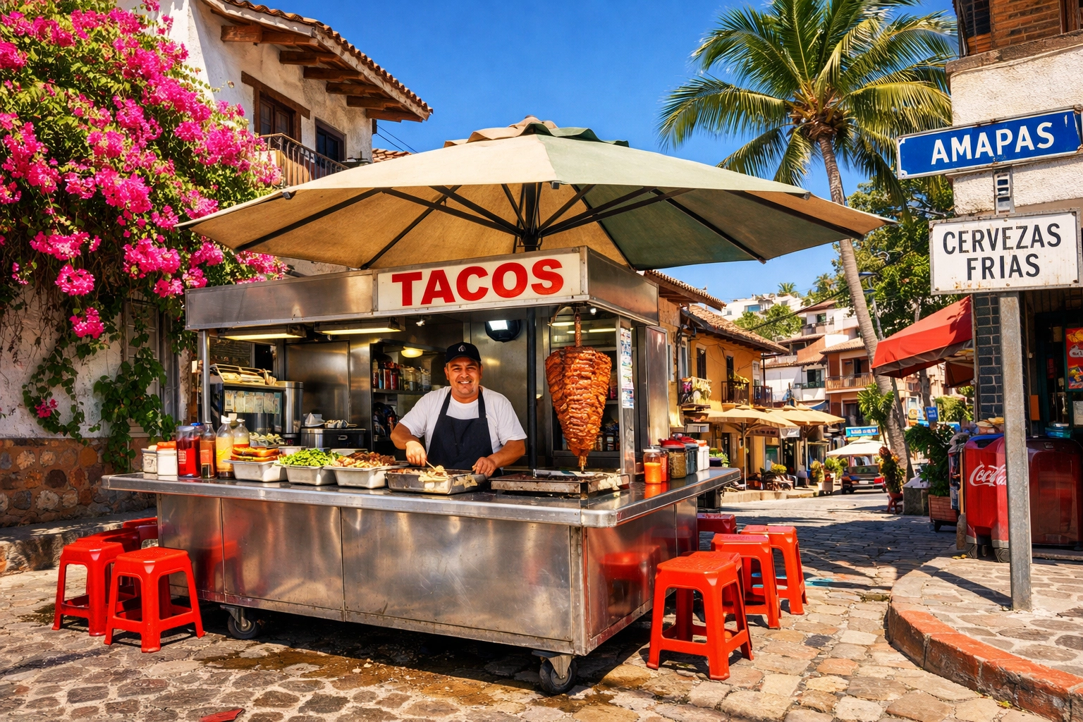 Traditional street taco stand in Amapas surrounded by bougainvillea near Puerto Vallarta condo rentals.