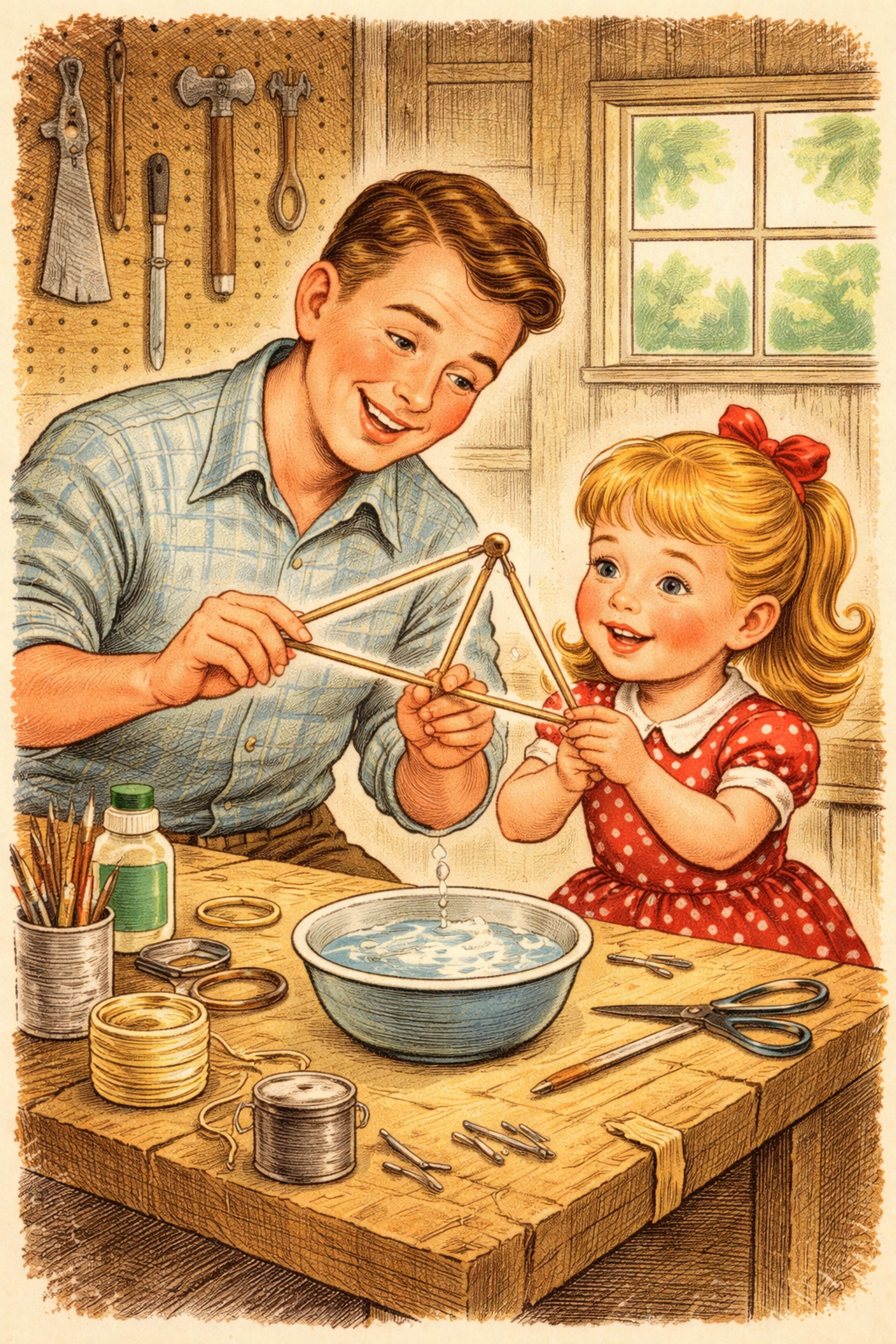 Father and daughter create a giant bubble wand together at a workbench, preparing for outdoor fun.