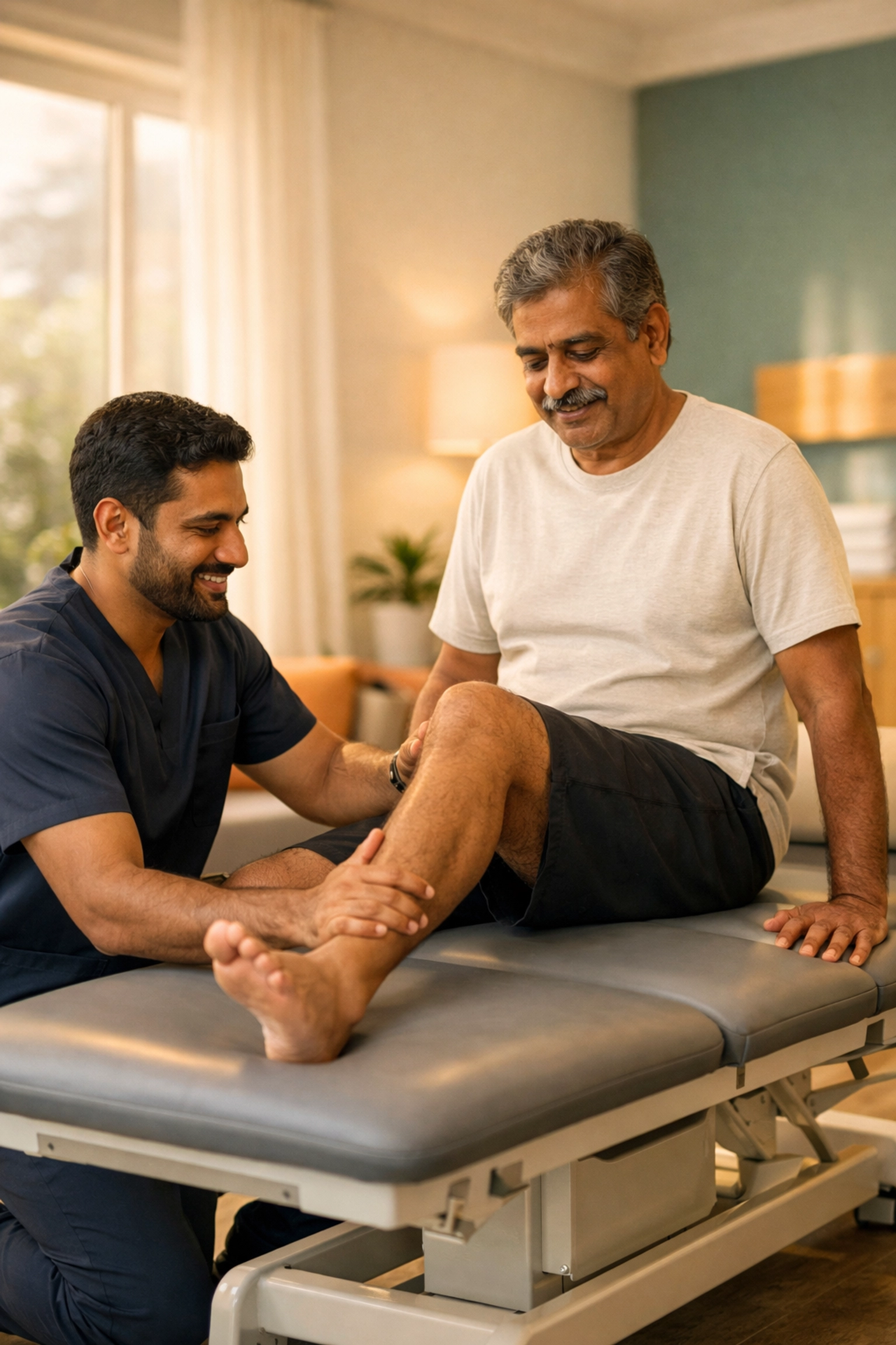 Patient receiving non-surgical knee pain treatment at a Kochi physiotherapy clinic.